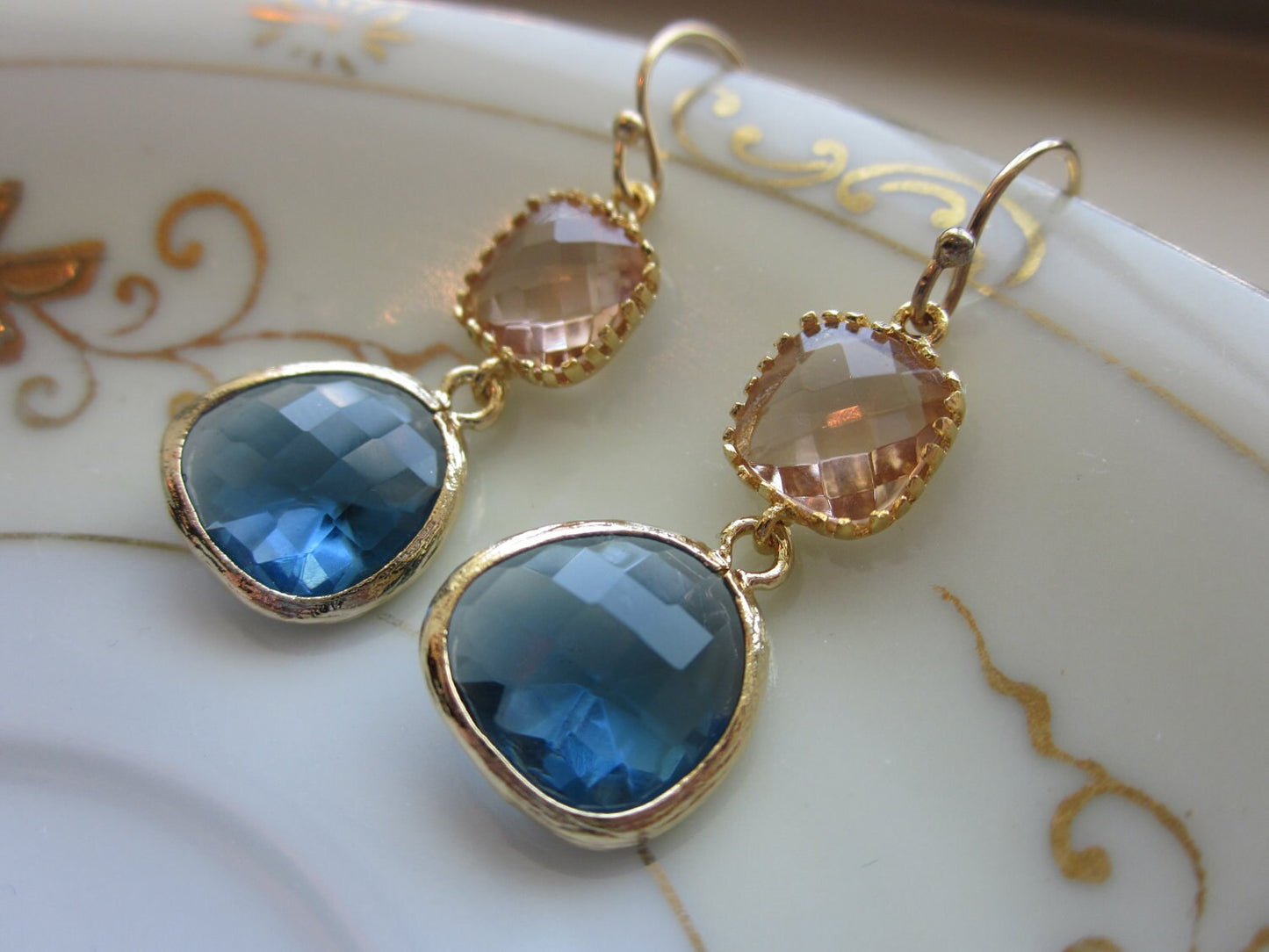 Champagne Peach Earrings Sapphire Navy Gold Plated - Bridesmaid Earrings - Wedding Earrings - Valentines Day Gift