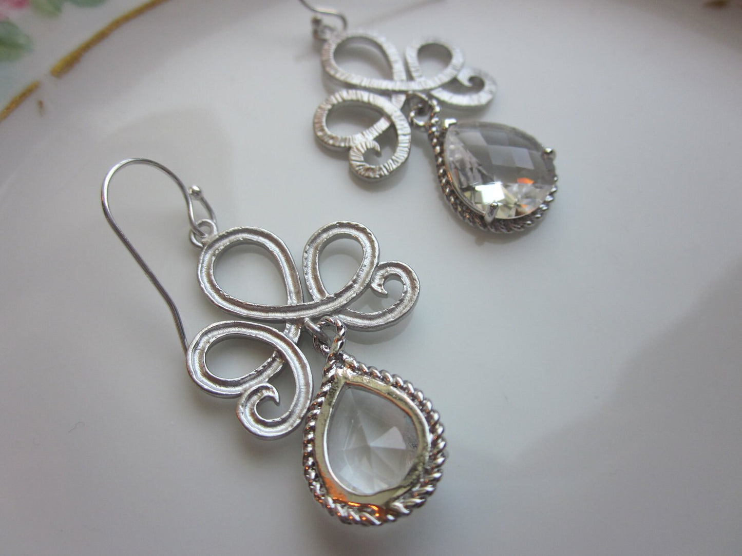 Crystal Clear Earrings Silver Tiara Connectors - Bridesmaid Earrings - Bridal Earrings - Wedding Earrings