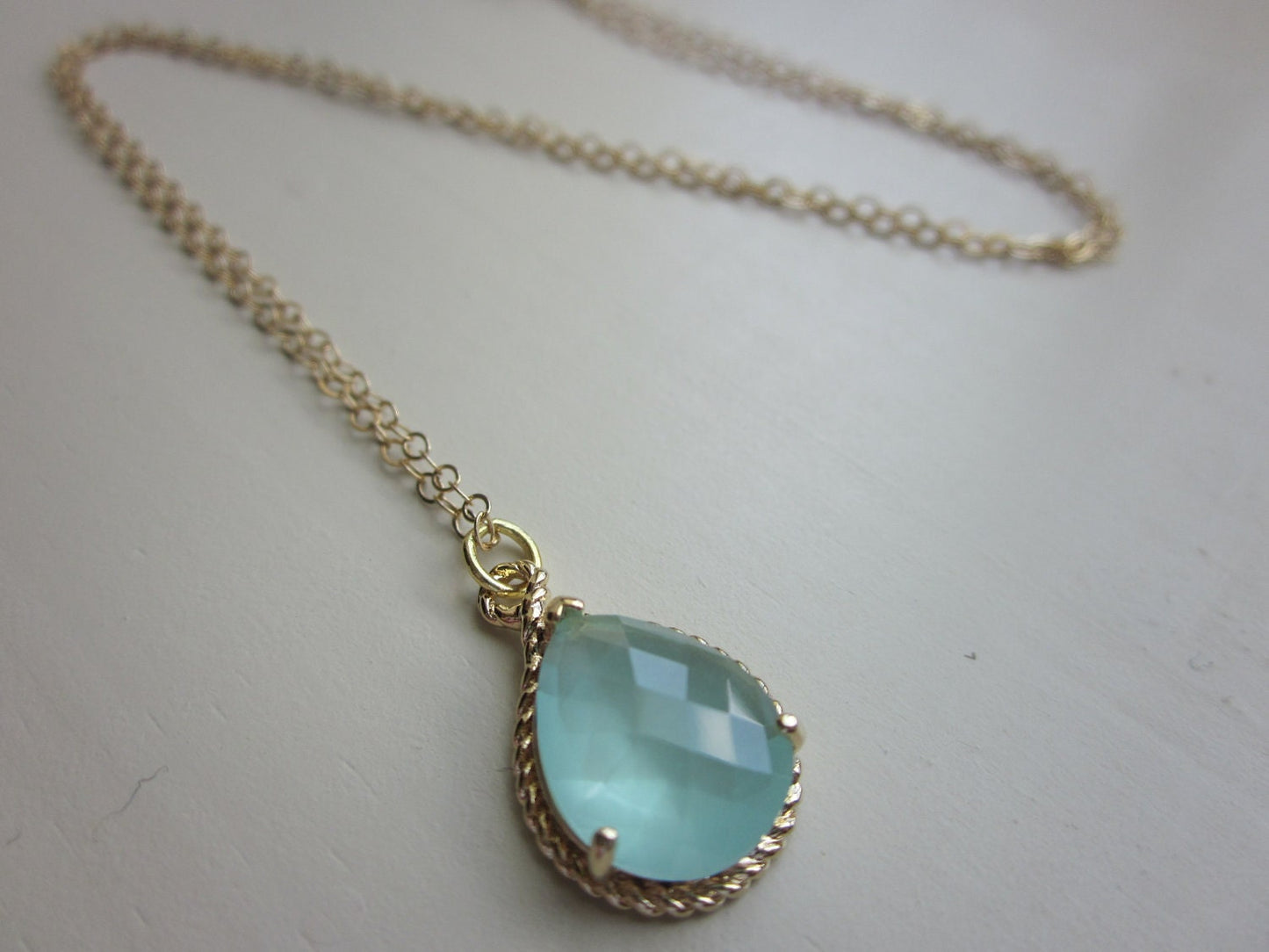 Pacific Aqua Blue Mint Pendant Necklace Gold Teardrop - 14k Gold Filled Chain - Bridesmaid Necklace - Bridesmaid Jewelry - Wedding Jewelry
