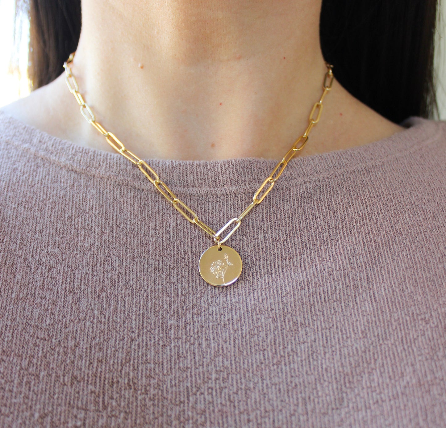 Gold Birth Flower Necklace, Paperclip Chain Necklace, Birth Flower Jewelry, Christmas Gifts for Her, Layered Necklace, Stocking Stuffer