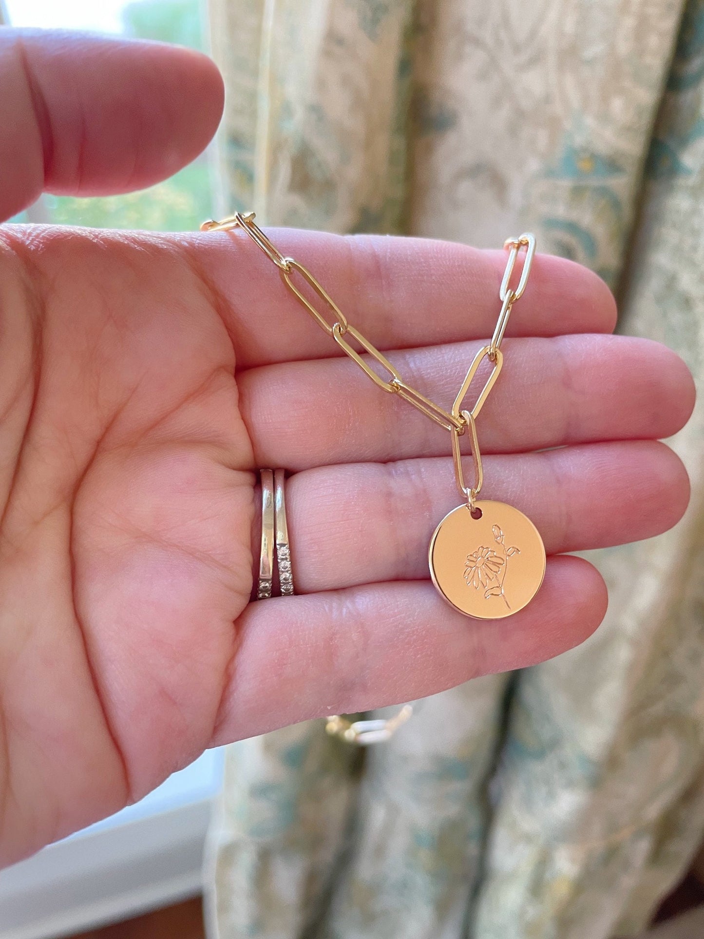 Gold Birth Flower Necklace, Paperclip Chain Necklace, Birth Flower Jewelry, Christmas Gifts for Her, Layered Necklace, Stocking Stuffer