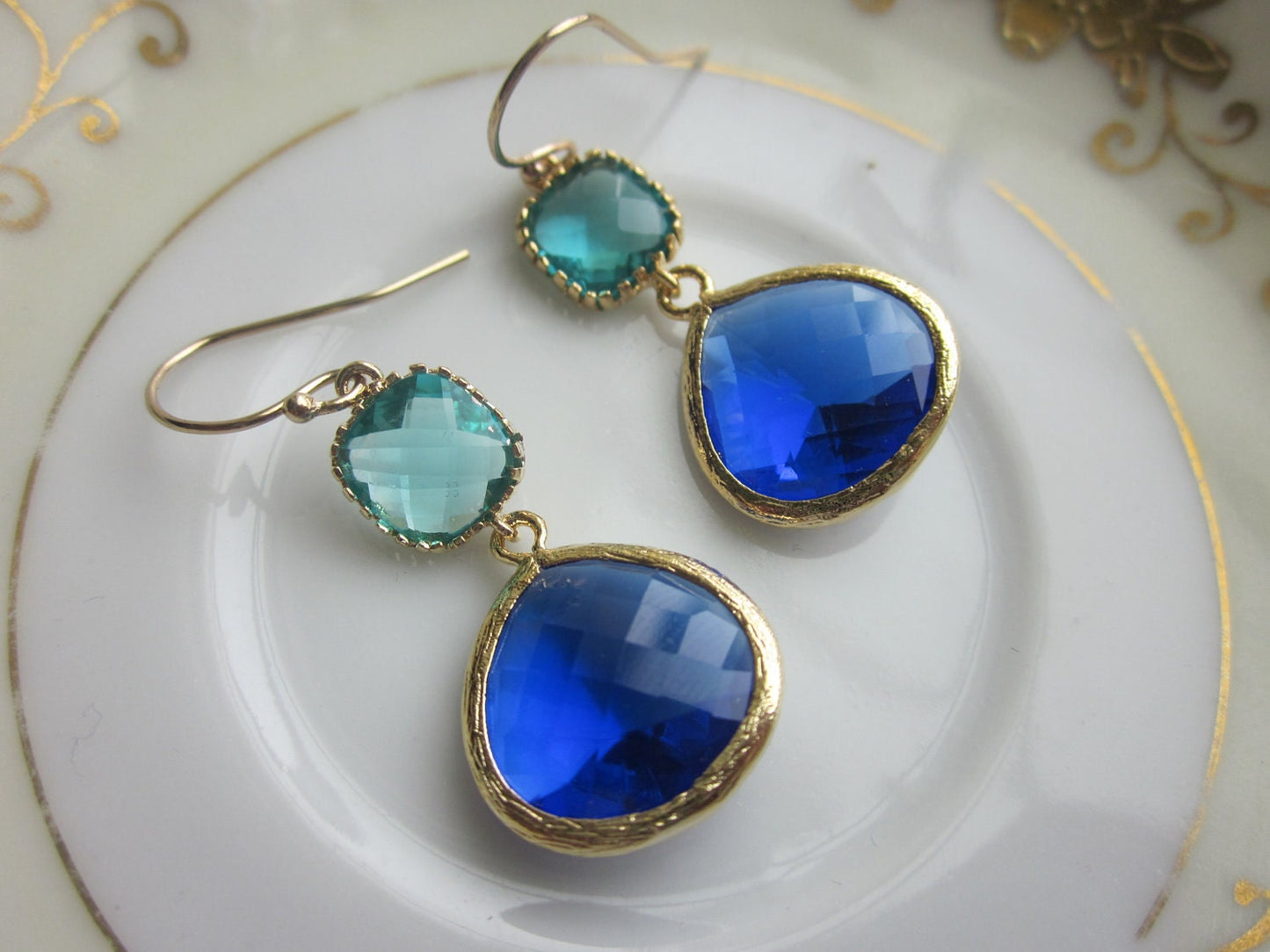 Large Cobalt Blue Earrings Gold Sea Green Two Tier - Bridesmaid Earrings Wedding Earrings Valentines Day Gift