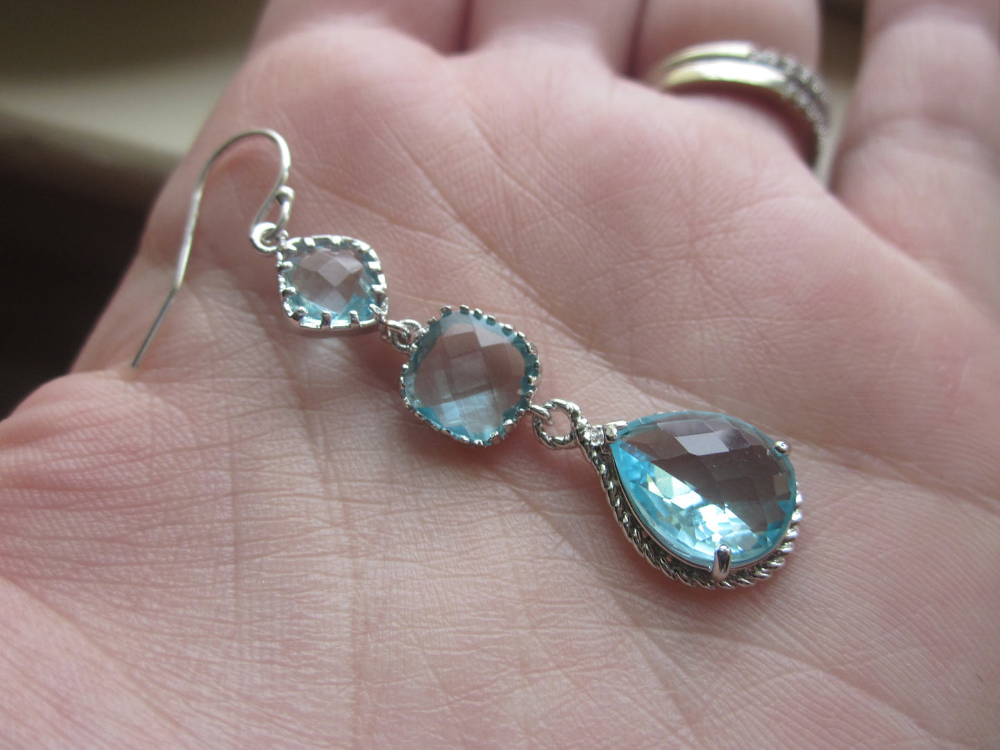 Aquamarine Earrings Silver Aqua Blue - 3 tier Sterling Silver - Bridesmaid Earrings - Wedding Earrings - Valentines Day Gift - Gift under 50