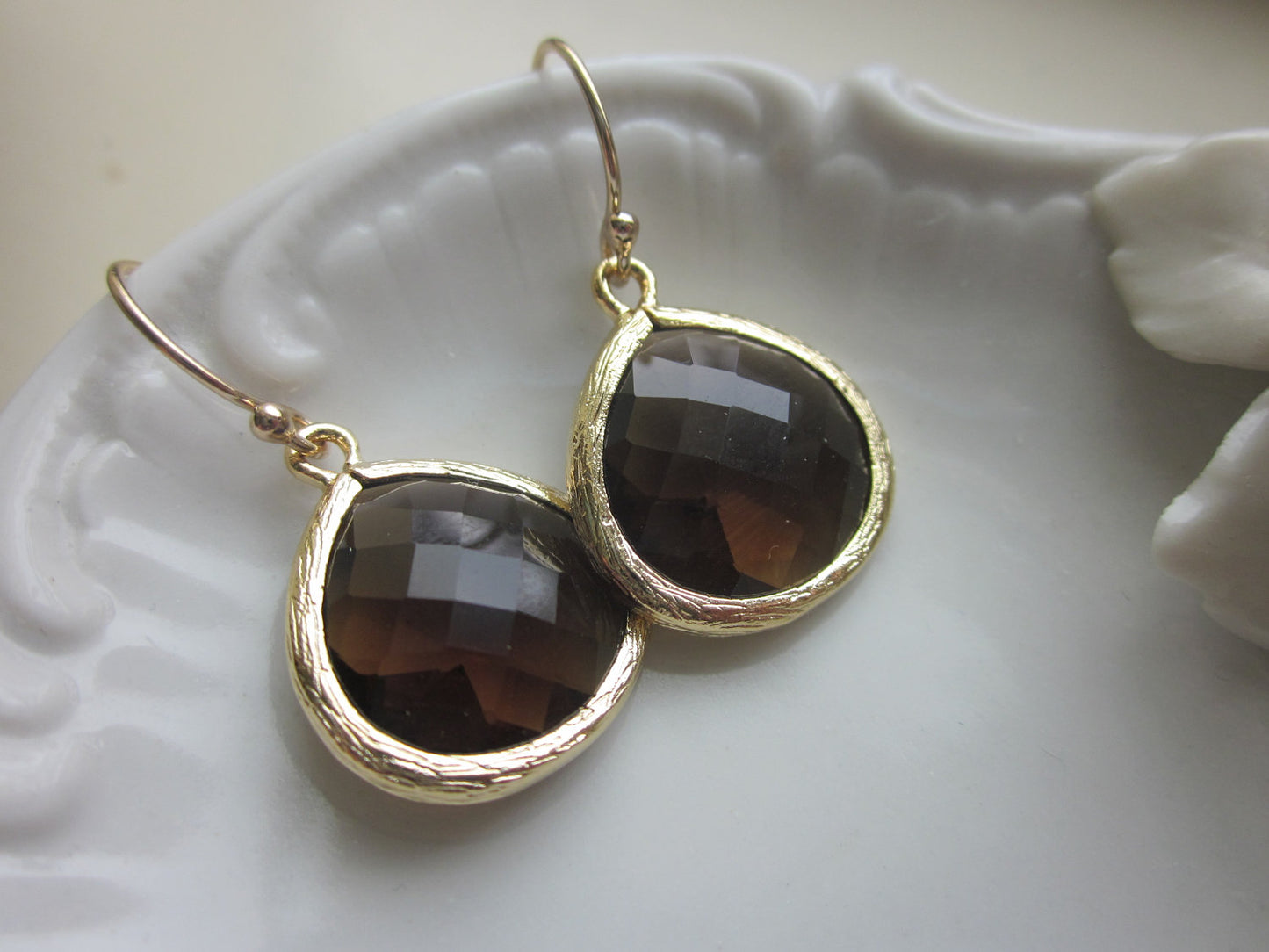 Smoky Brown Earrings Gold Plated Large Pendant - Wedding Earrings - Bridal Earrings - Bridesmaid Earrings
