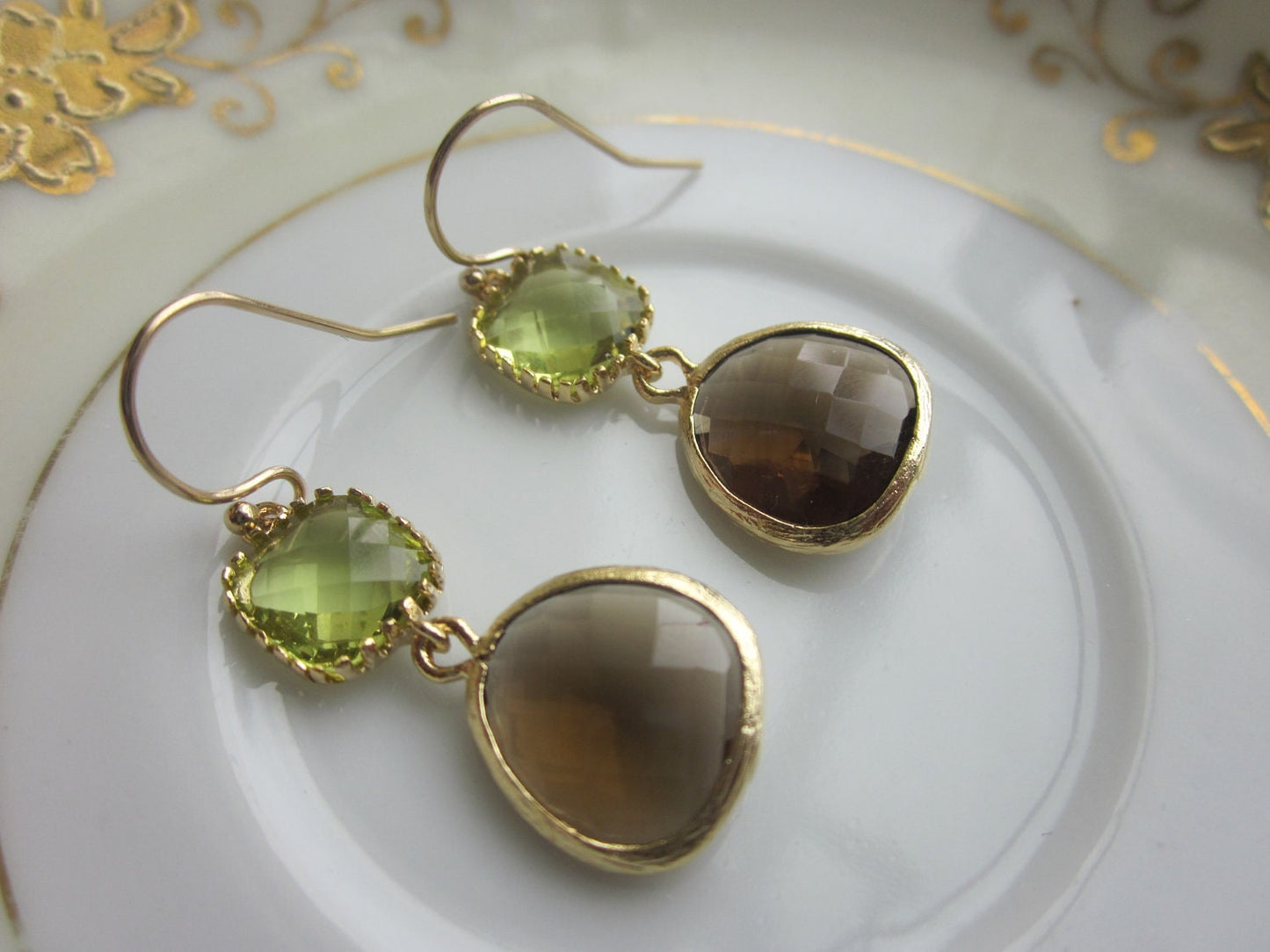 Smoky Brown Earrings Apple Green Two Tier - Bridesmaid Earrings - Bridal Earrings - Wedding Jewelry