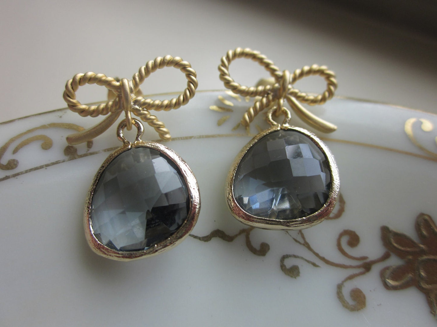 Charcoal Gray Bow Earrings Gold Bow Stud Earrings - Bridesmaid Earrings - Bridal Earrings - Wedding Earrings - Valentines Day Gift