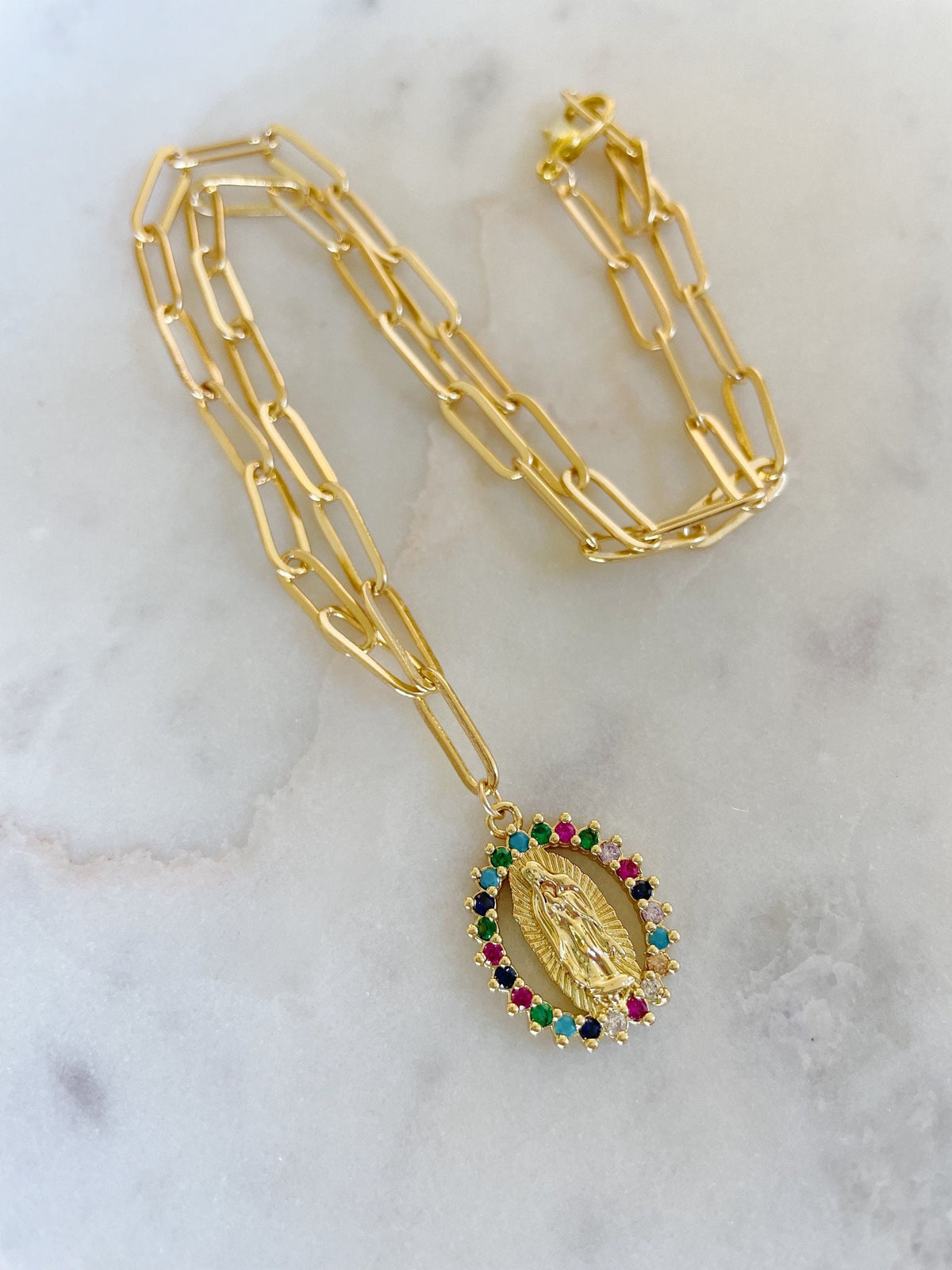 Virgin Mary Necklace, Paperclip Chain Necklace, Religious Jewelry, Christmas Gifts for Her, Religious Necklace, Mary Pendant Necklace