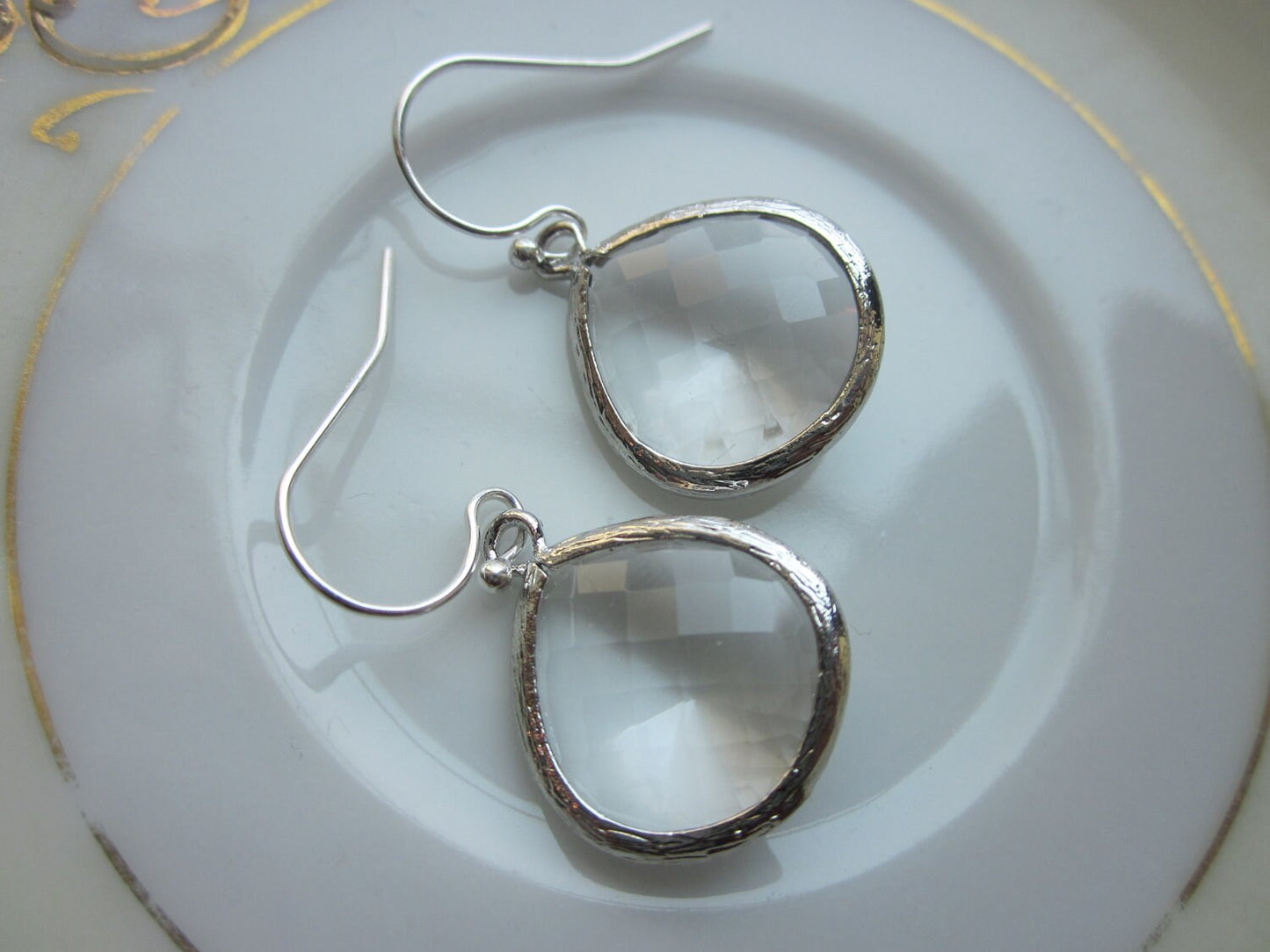 Crystal Clear Earrings Silver Large Pendant - Sterling Silver Earwires - Wedding Earrings - Bridal Earrings - Bridesmaid Earrings