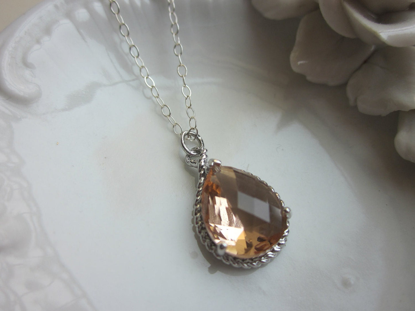 Blush Champagne Necklace Peach Pink Silver Teardrop - Sterling Silver Chain - Bridesmaid Necklace - Bridesmaid Jewelry - Valentines Day Gift