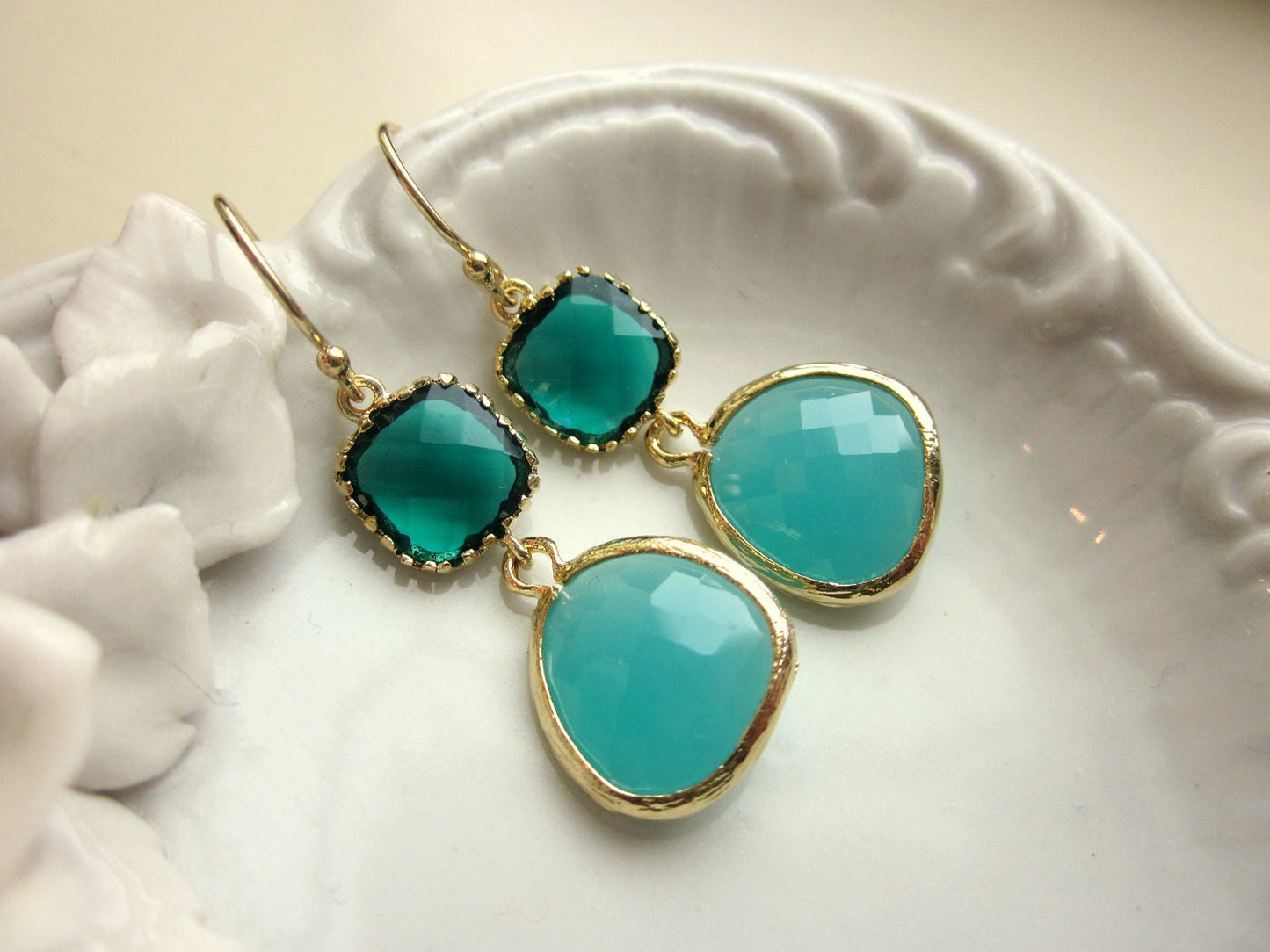 Emerald Green Earrings Aqua Blue Two Tier - Bridesmaid Earrings - Wedding Earrings - Valentines Day Gift