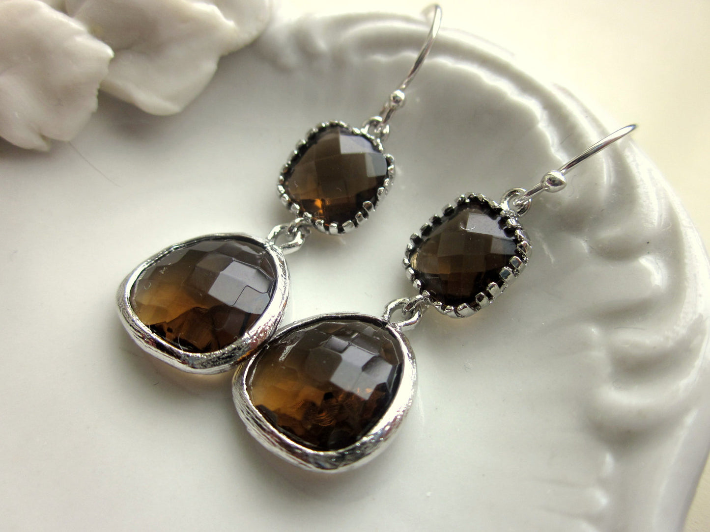 Smoky Brown Earrings Silver Two Tier Bridesmaid Earrings - Bridal Earrings - Wedding Jewelry