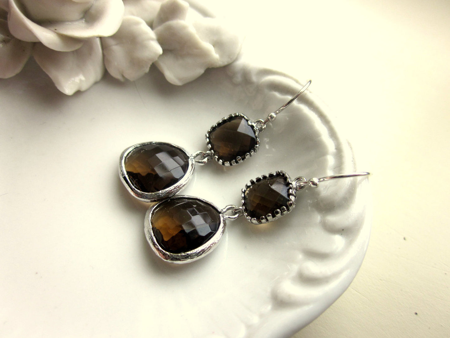 Smoky Brown Earrings Silver Two Tier Bridesmaid Earrings - Bridal Earrings - Wedding Jewelry
