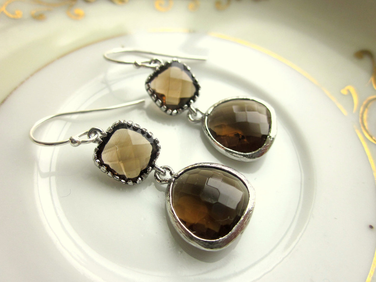 Smoky Brown Earrings Silver Two Tier Bridesmaid Earrings - Bridal Earrings - Wedding Jewelry