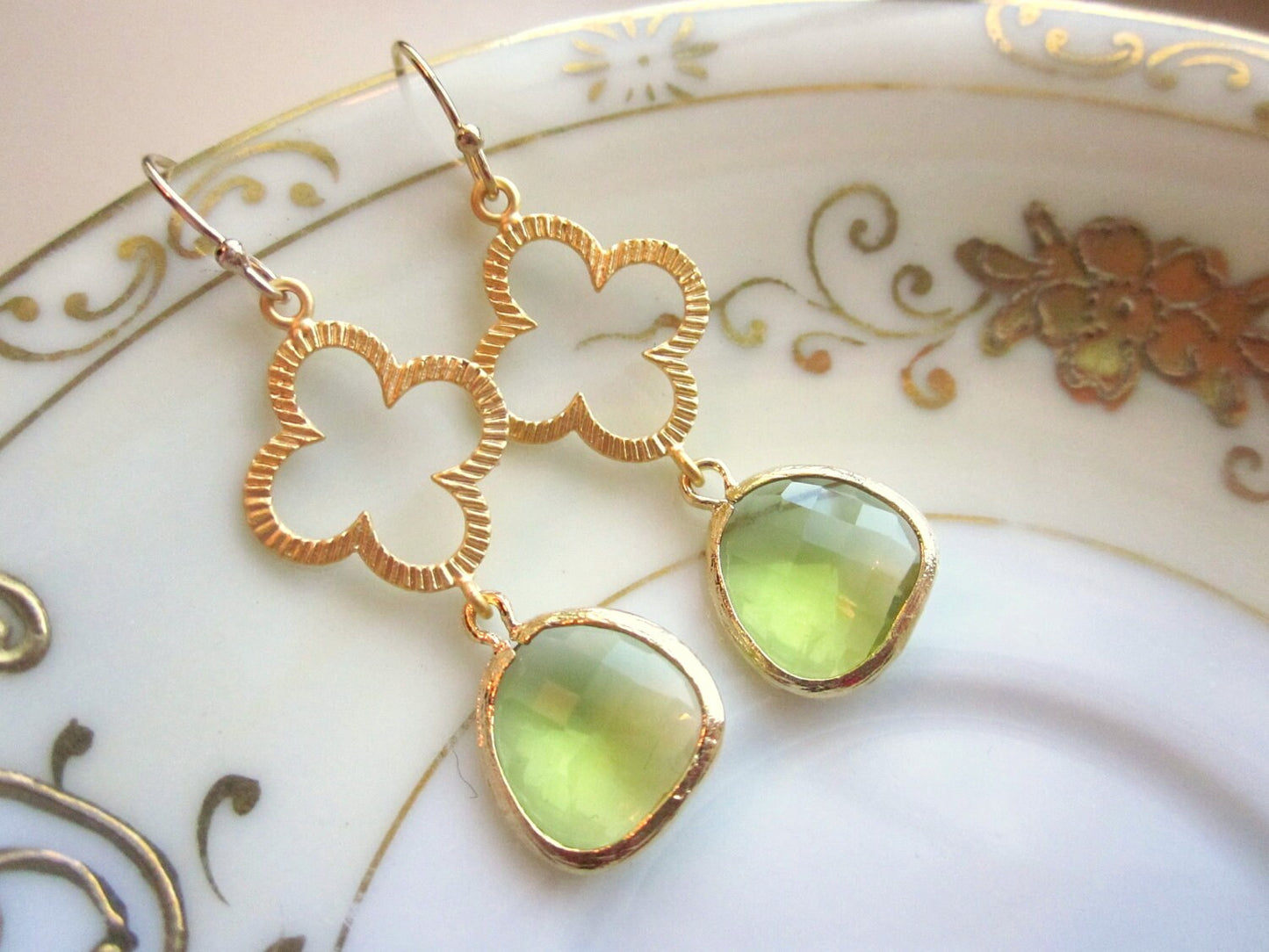 Peridot Earrings Green Gold Clover Quatrefoil - Bridesmaid Earrings - Wedding Earrings - Valentines Day Gift