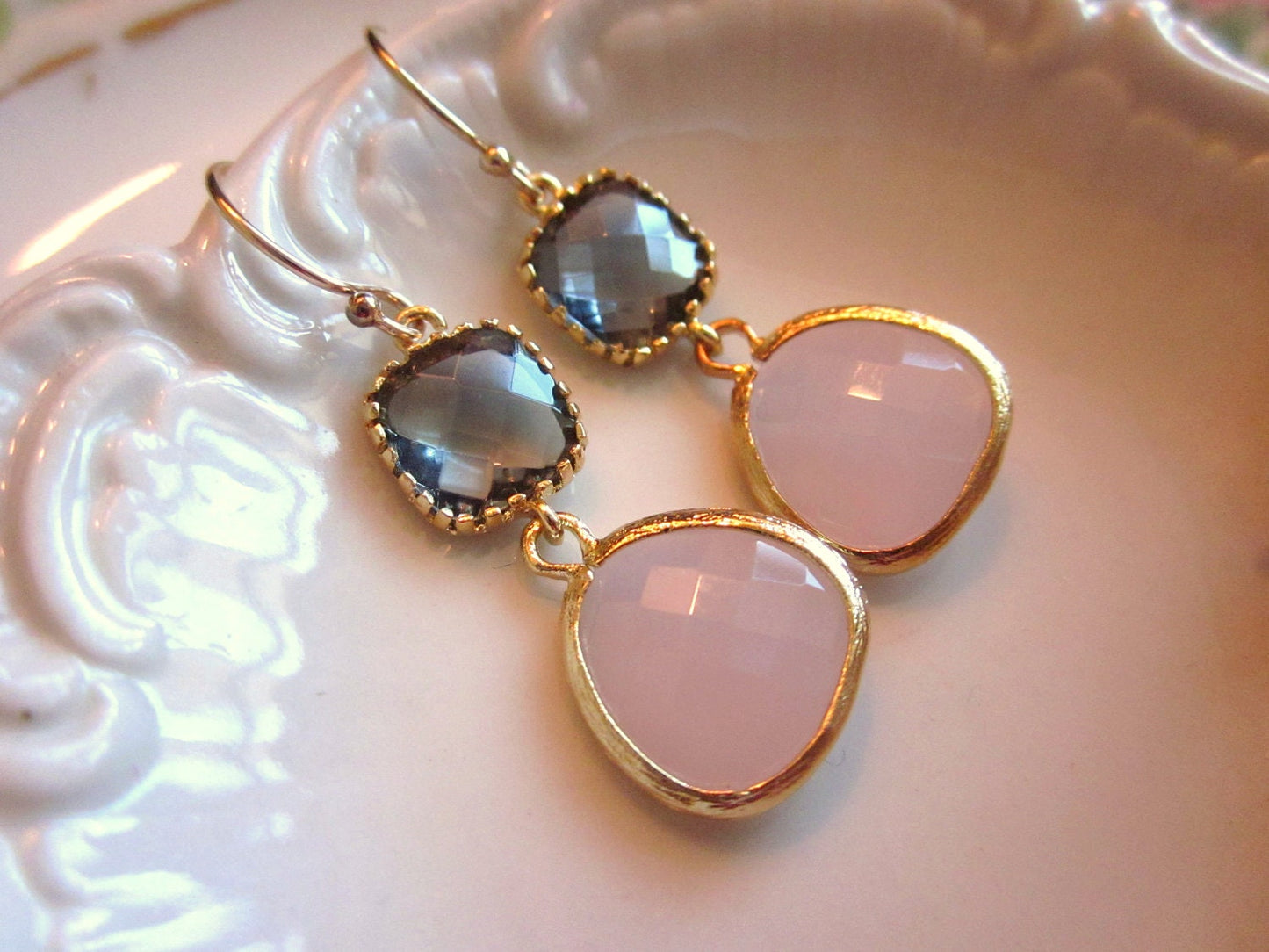 Gold Charcoal Gray Earrings Pink Earrings Two Tier - Bridesmaid Earrings - Wedding Earrings - Valentines Day Gift