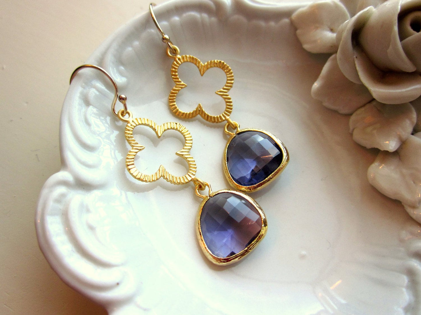 Tanzanite Earrings Purple Gold Clover Quatrefoil - Bridesmaid Earrings - Wedding Earrings - Valentines Day Gift