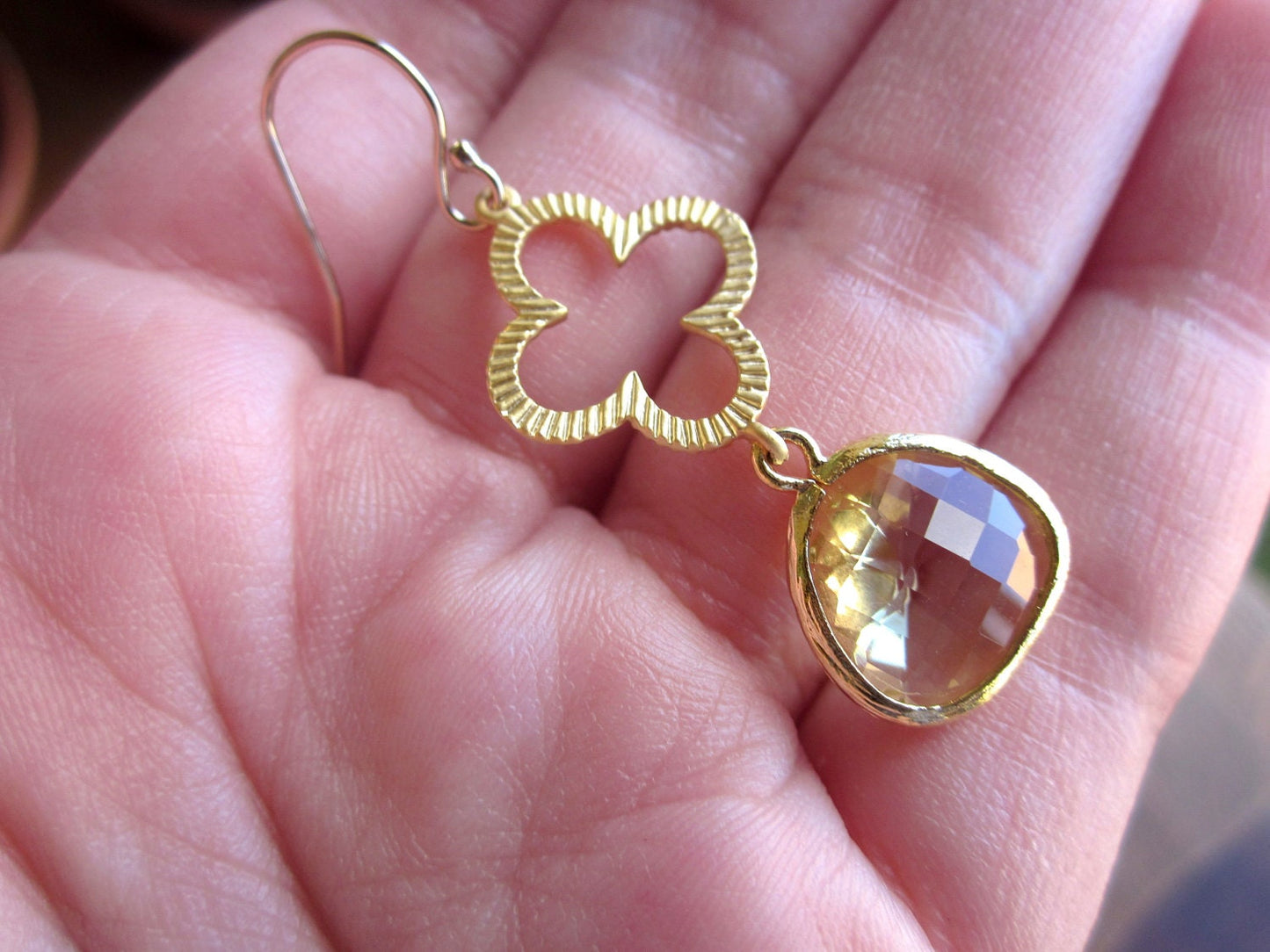 Citrine Earrings Gold Clover Quatrefoil Yellow Earrings - Bridesmaid Earrings - Wedding Earrings - Valentines Day Gift
