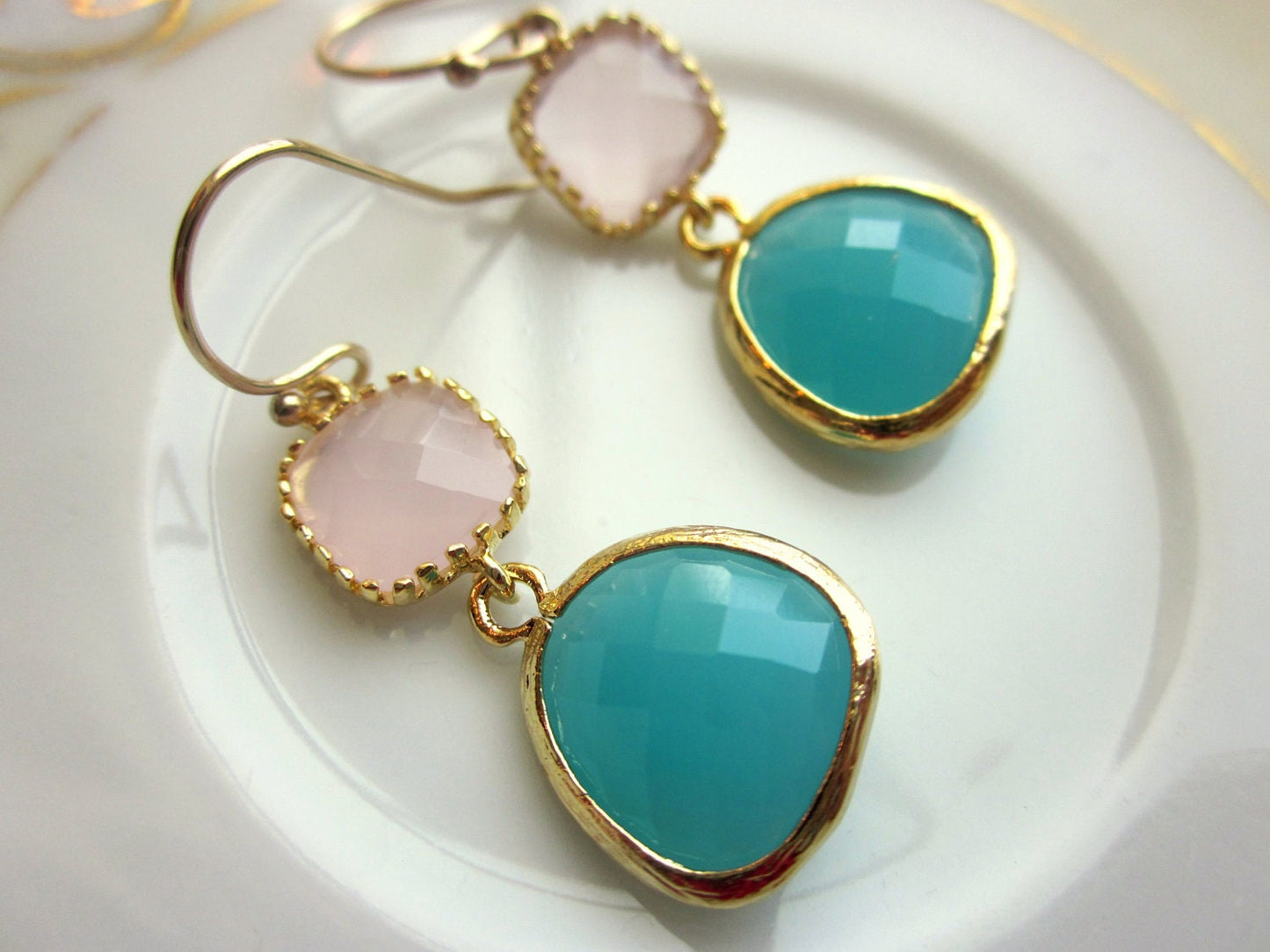Pink Opal Earrings Aqua Blue Two Tier - Bridesmaid Earrings - Wedding Earrings - Valentines Day Gift