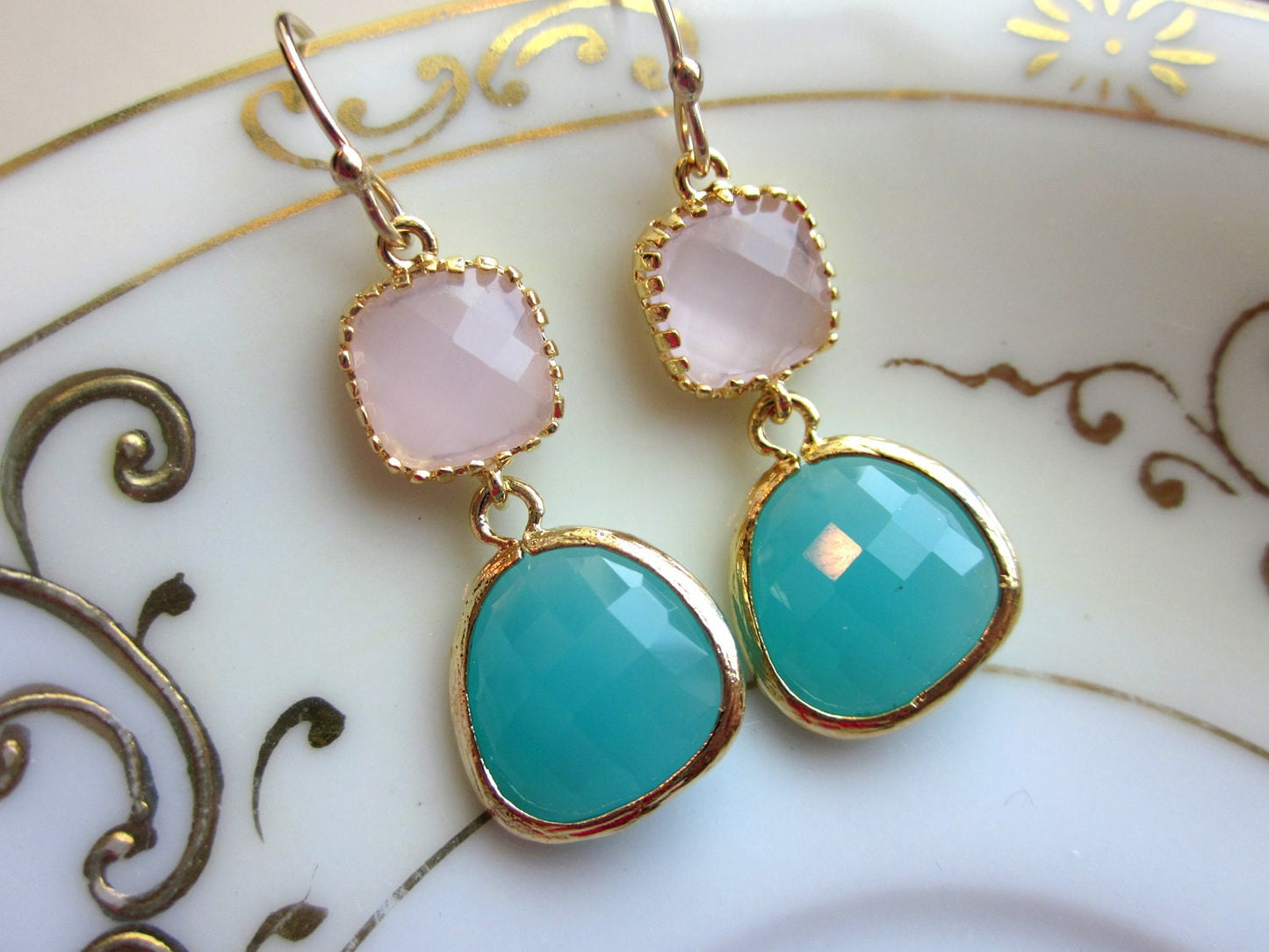 Pink Opal Earrings Aqua Blue Two Tier - Bridesmaid Earrings - Wedding Earrings - Valentines Day Gift