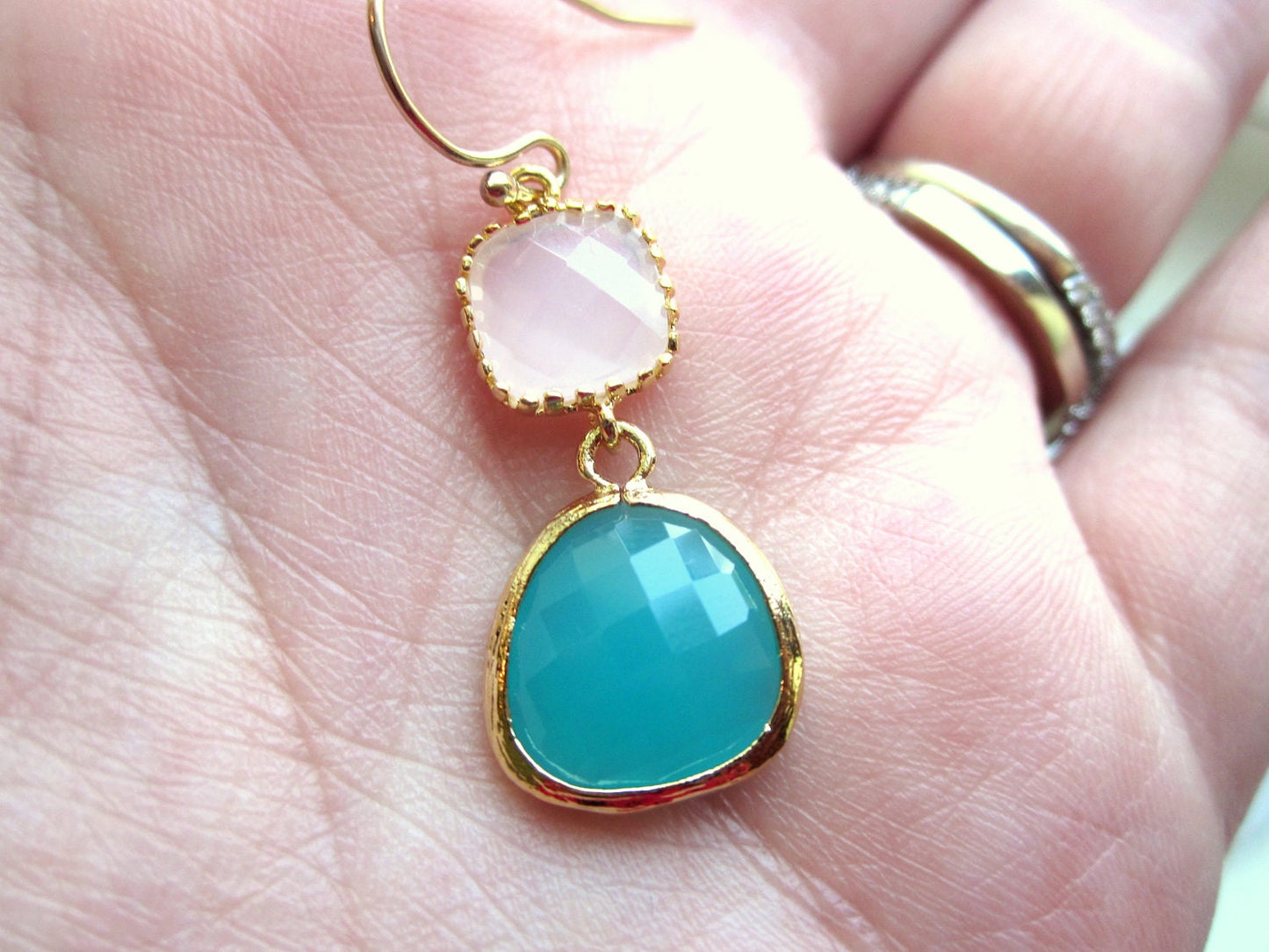 Pink Opal Earrings Aqua Blue Two Tier - Bridesmaid Earrings - Wedding Earrings - Valentines Day Gift