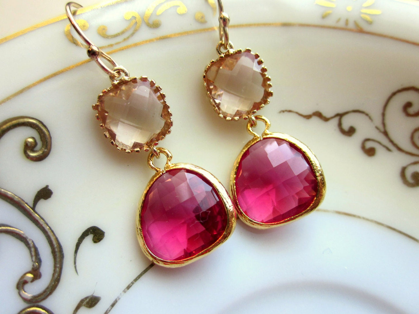 Fuchsia Earrings Champagne Peach Gold Two Tier - Bridesmaid Earrings - Wedding Earrings - Valentines Day Gift
