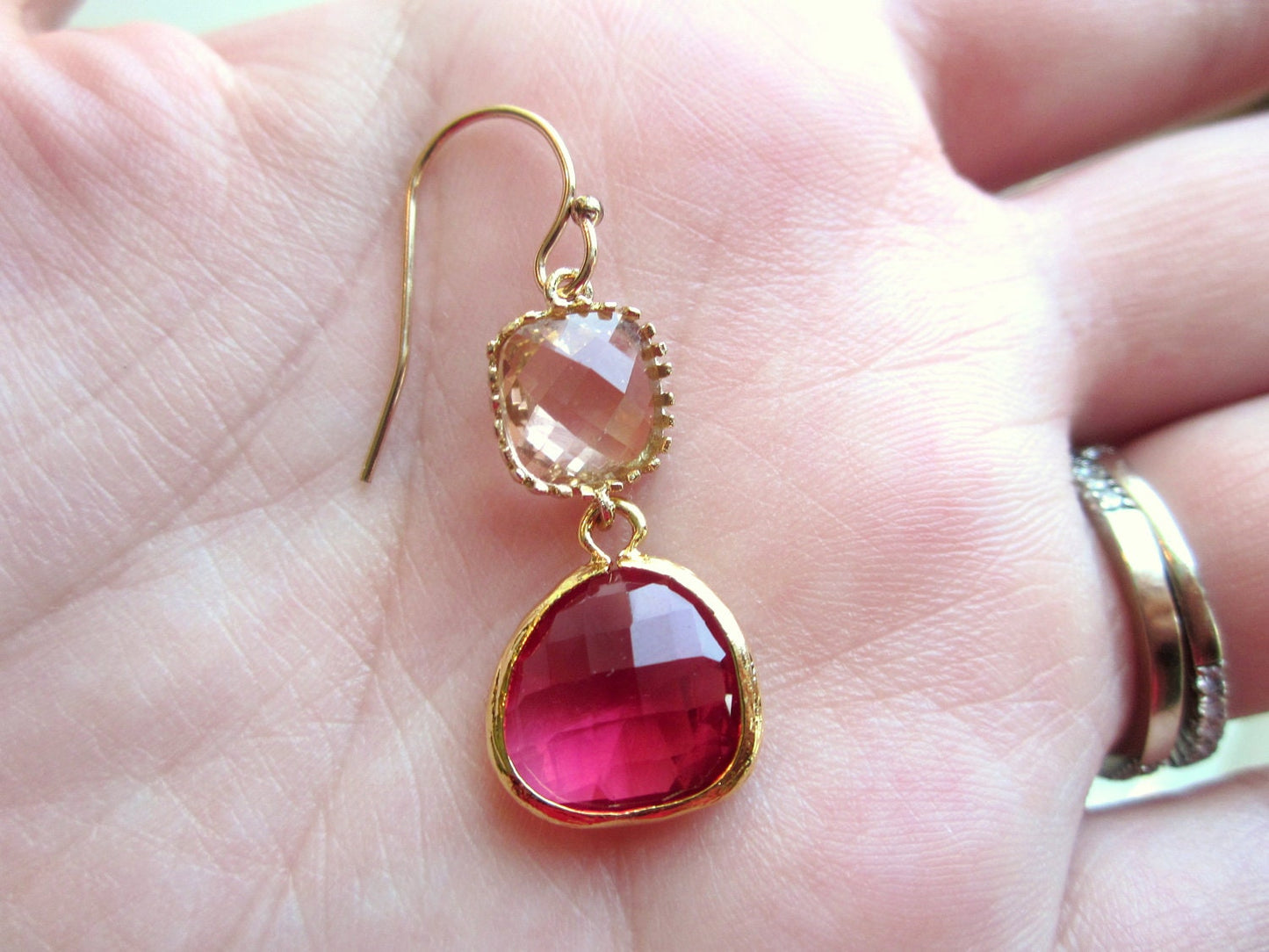 Fuchsia Earrings Champagne Peach Gold Two Tier - Bridesmaid Earrings - Wedding Earrings - Valentines Day Gift