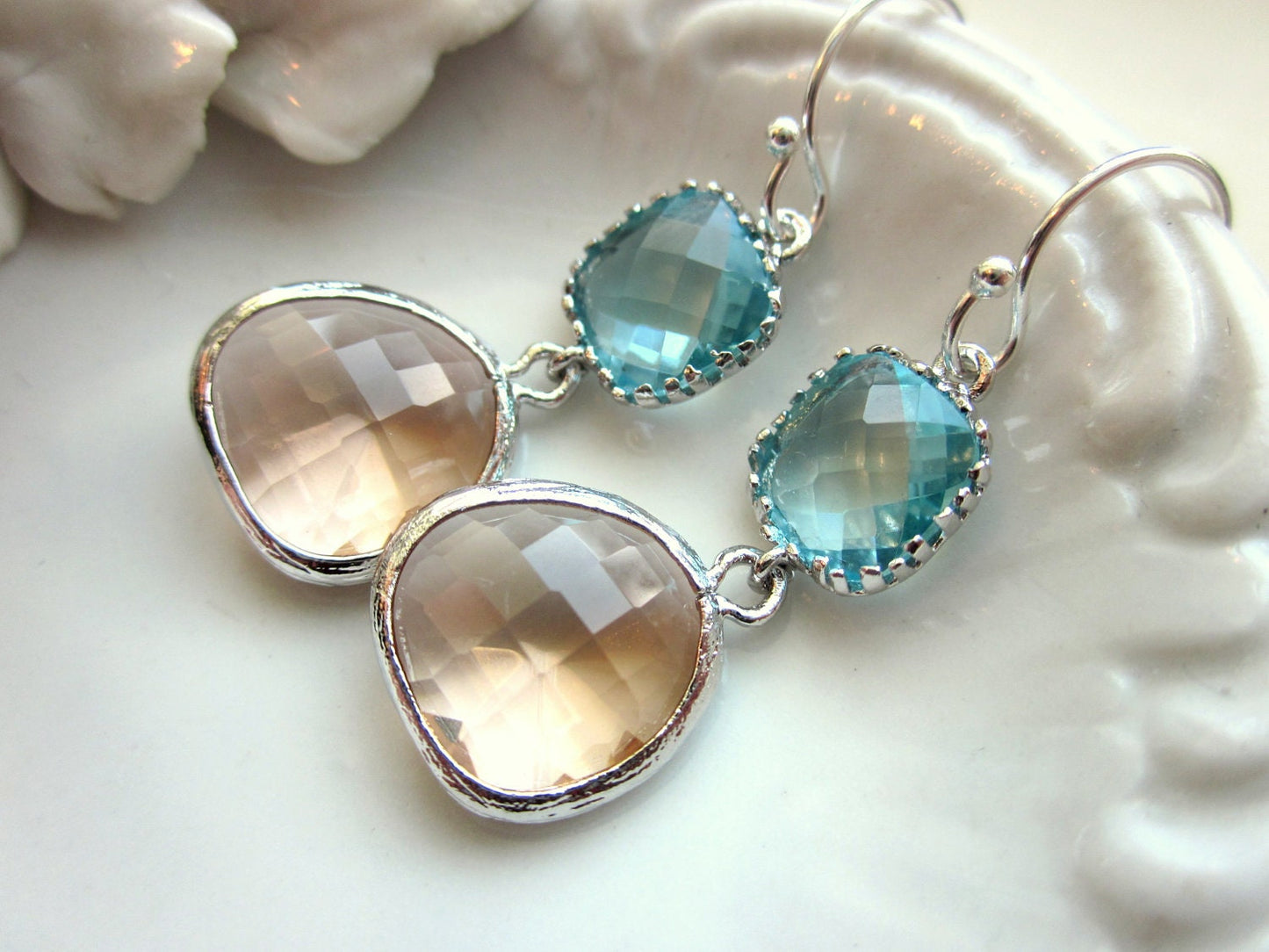 Champagne Peach Earrings Aquamarine Silver Two Tier - Bridesmaid Earrings - Wedding Earrings - Valentines Day Gift