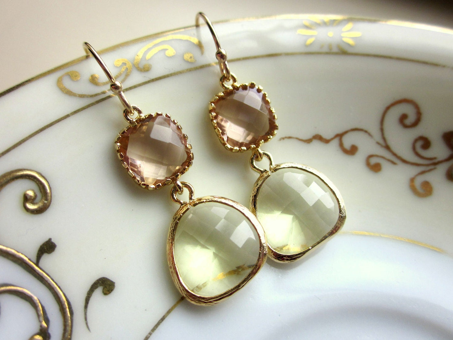 Citrine Earrings Pink Champagne Glass Gold Plated - Bridesmaid Earrings - Wedding Earrings - Valentines Day Gift