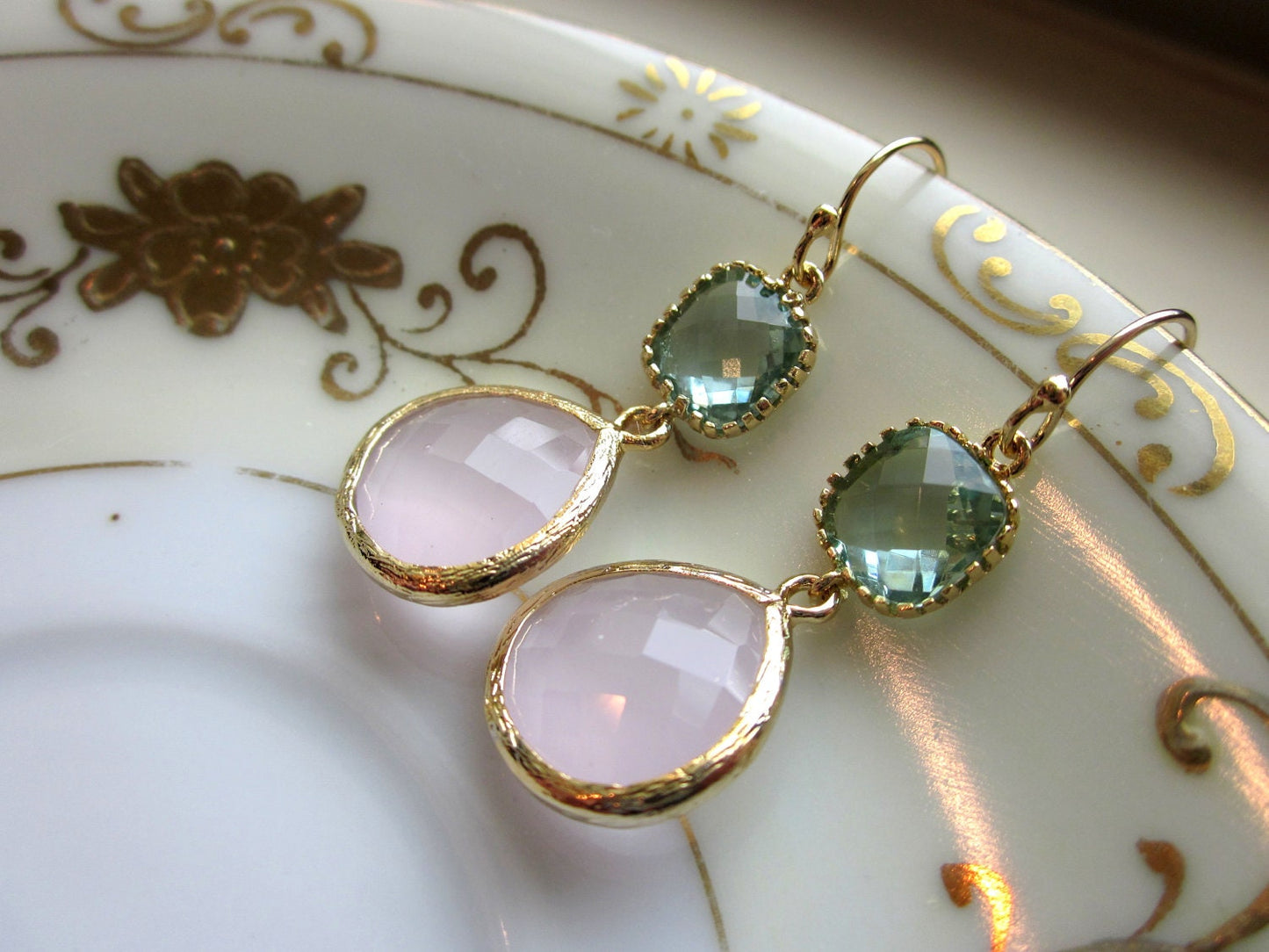 Large Pink Opal Earrings Gold Prasiolite Green Two Tier - Bridesmaid Earrings Wedding Earrings Valentines Day Gift