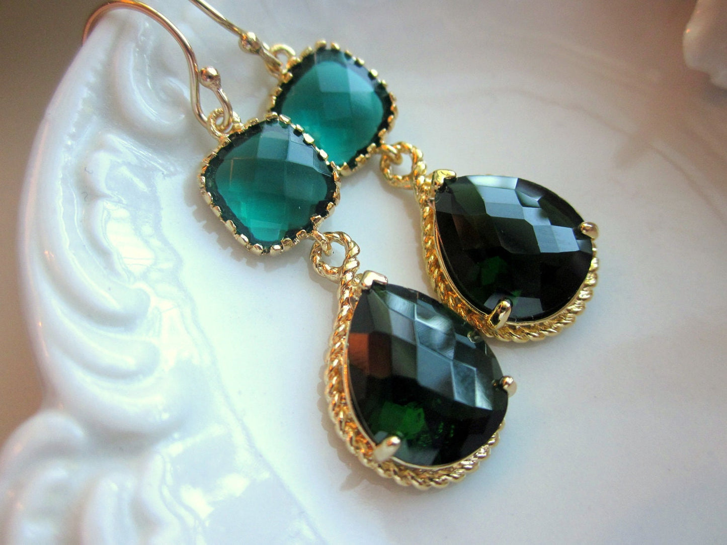 Emerald Green Earrings Gold Pendant Two Tier - Bridesmaid Earrings - Wedding Earrings - Bridal Earrings - Valentines Day Gift
