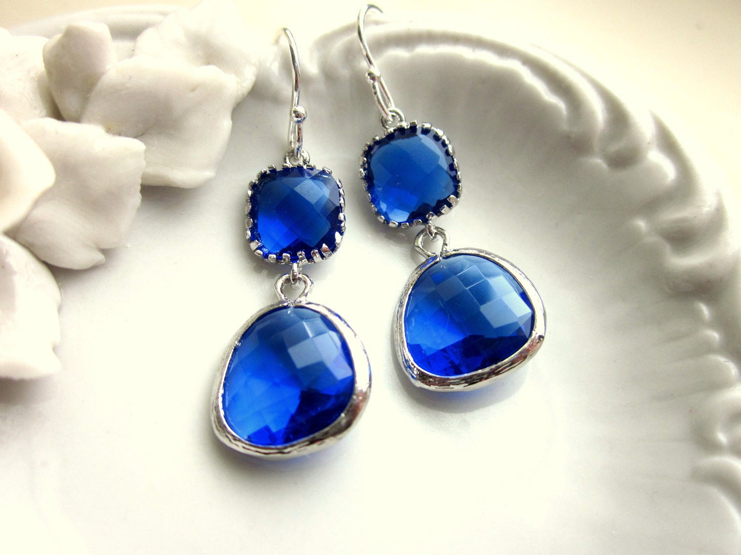 Cobalt Blue Earrings Silver Two Tier - Sterling Silver Earwires - Bridesmaid Earrings Wedding Earrings Valentines Day Gift