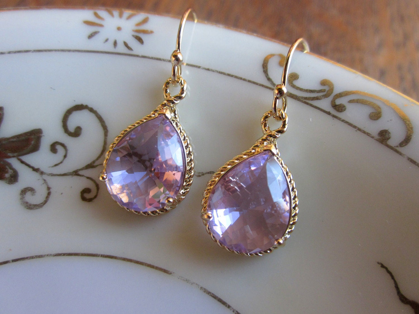 Lavender Earrings Purple Gold Teardrop Pendant - Bridesmaid Earrings Wedding Earrings Bridal Earrings Valentines Day Gift