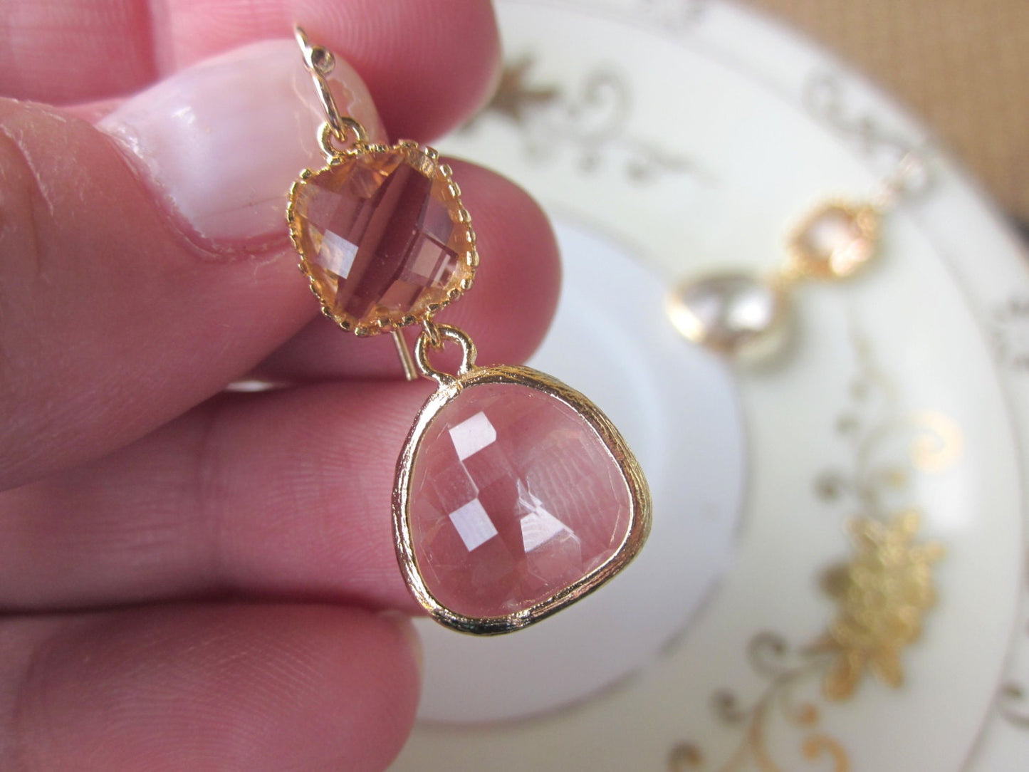 Champagne Peach Earrings Crystal Blush Gold Plated - Bridesmaid Earrings - Wedding Earrings - Wedding Jewelry