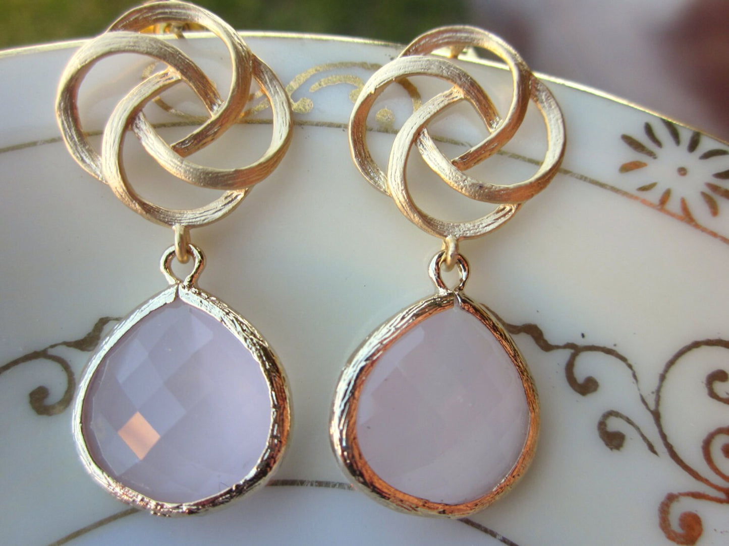 Large Pink Opal Earrings Gold Pinwheel Rose - Sterling Silver Post - Bridesmaid Earrings - Wedding Earrings - Wedding Jewelry