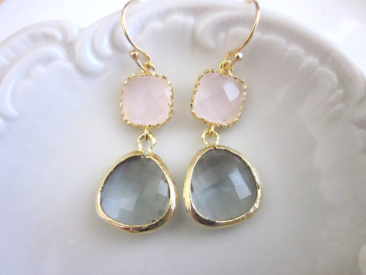 Gold Charcoal Gray Earrings Pink Earrings - Bridesmaid Earrings - Wedding Earrings - Bridesmaid Jewelry Gift - Wedding Jewelry