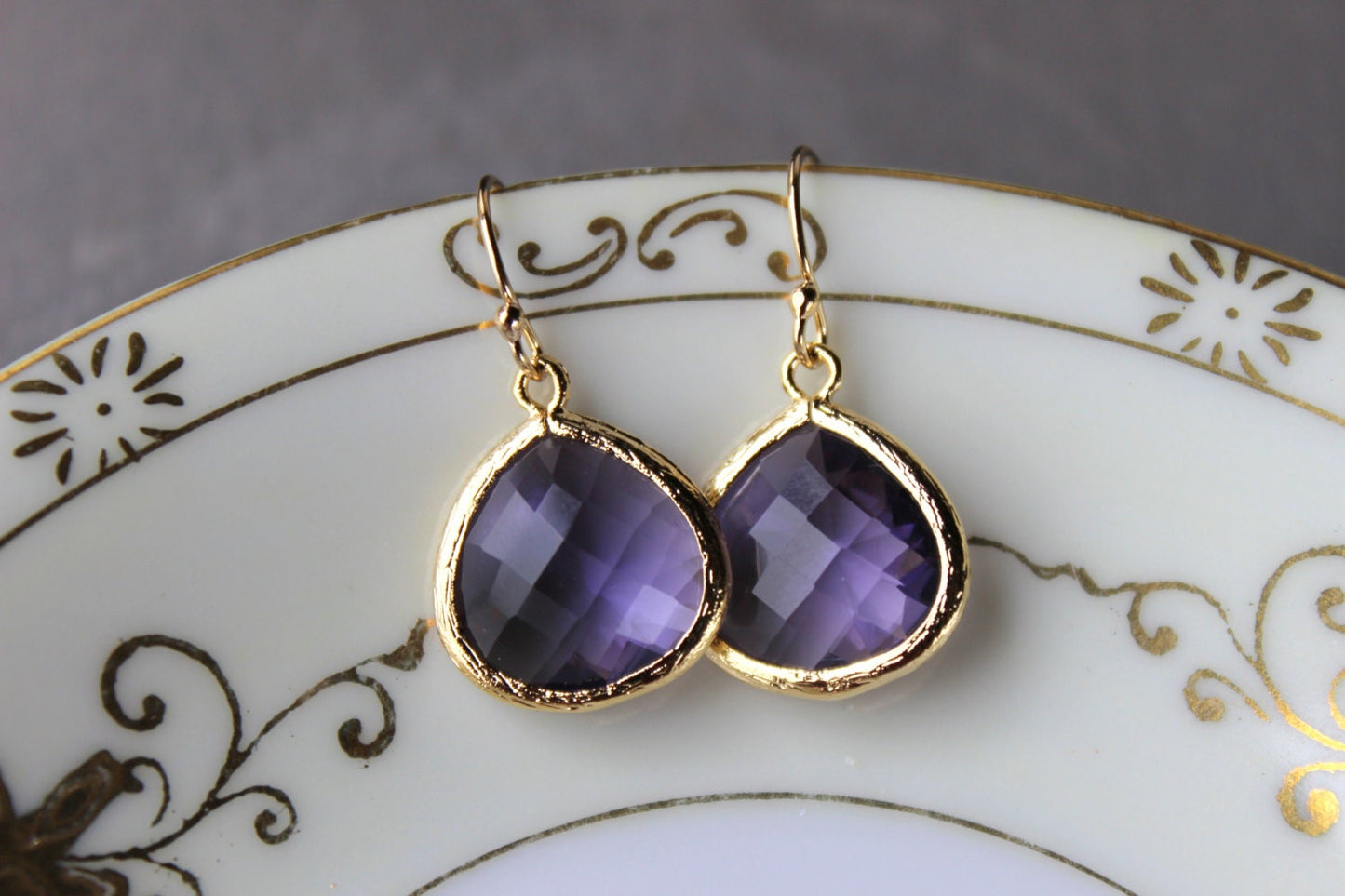 Large Tanzanite Earrings Gold Plated Purple Glass Pendant - Wedding Earrings - Bridal Earrings - Bridesmaid Earrings