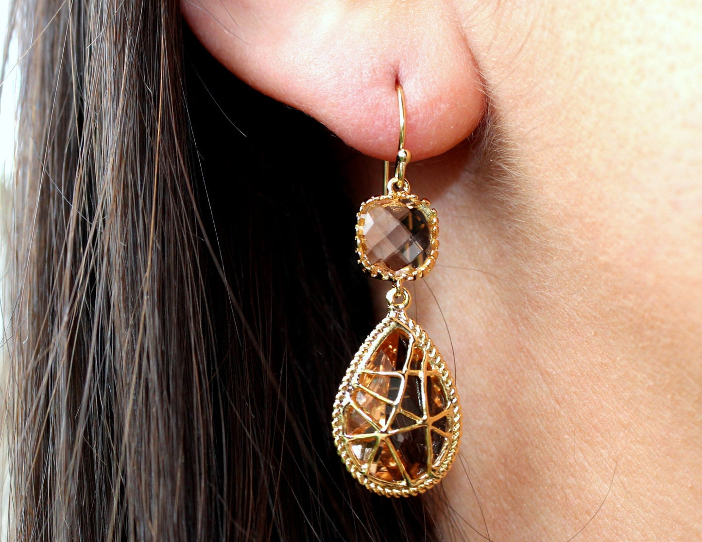 Champagne Peach Earrings Pink Gold Twisted Design - Bridesmaid Earrings Wedding Earrings Valentines Day Gift