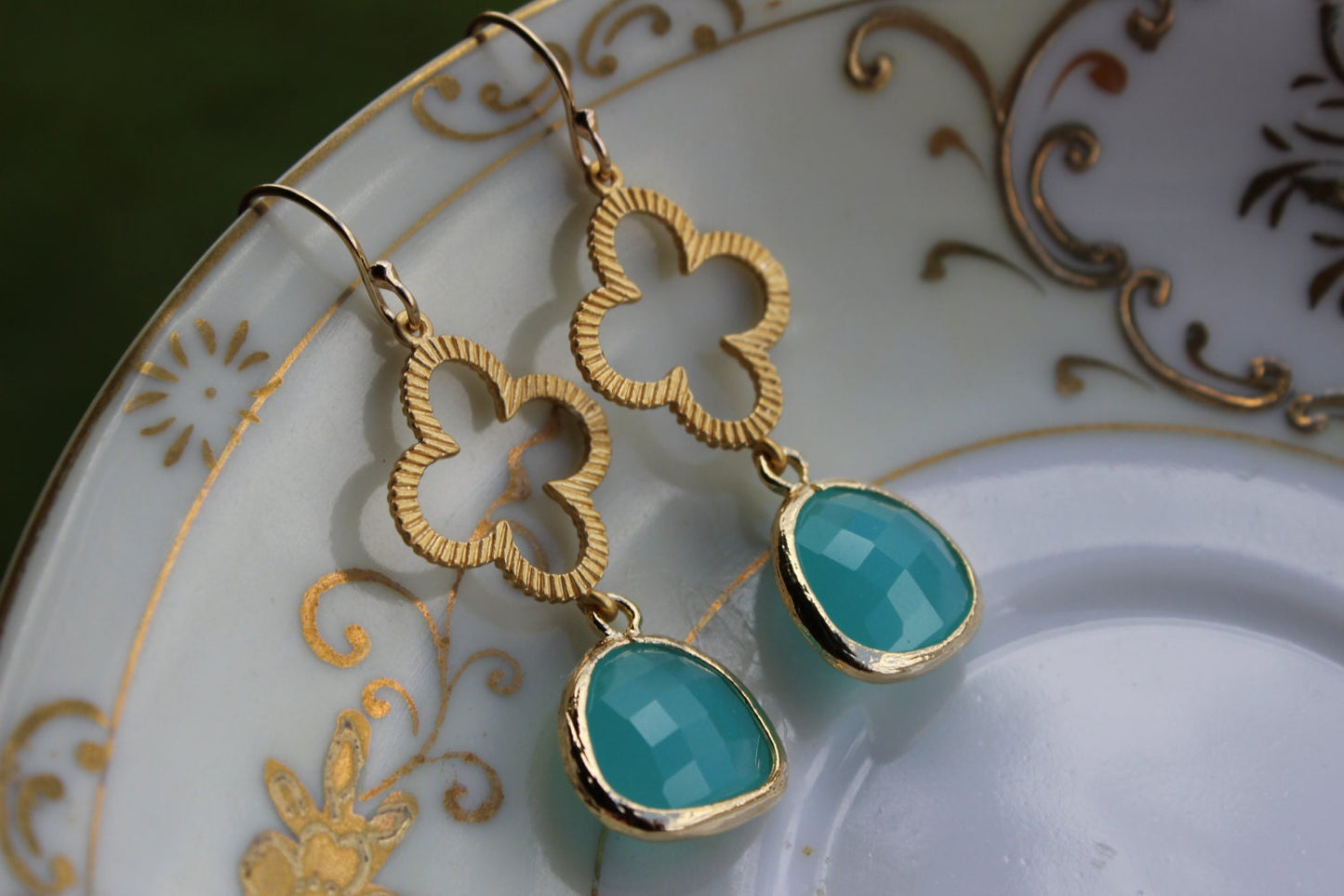 Mint Aqua Blue Earrings Gold Clover Quatrefoil Blue Earrings - Bridesmaid Earrings - Wedding Earrings - Bridal Earrings