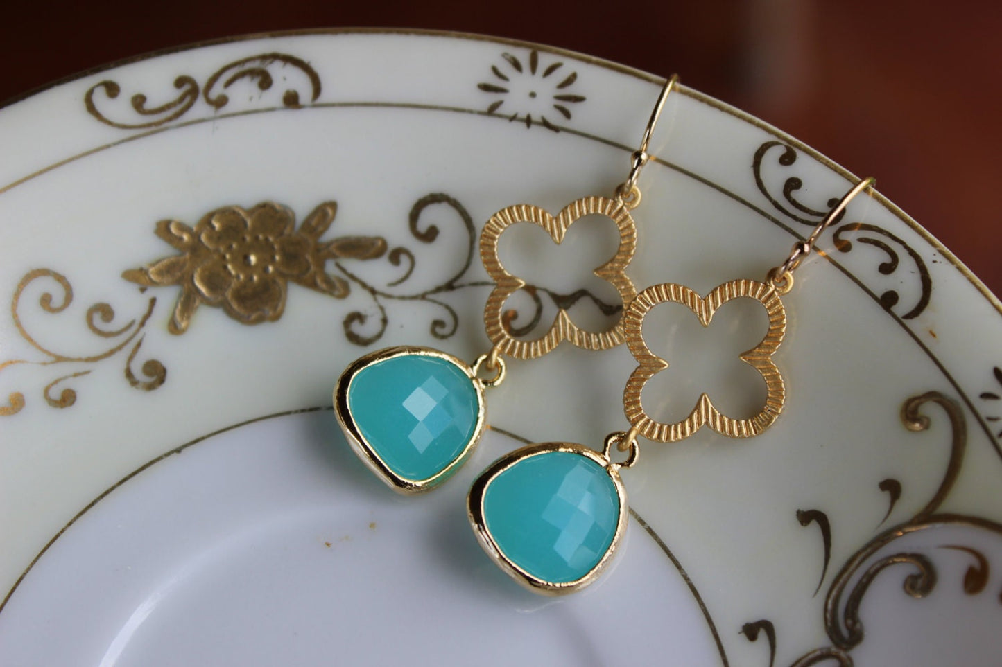Mint Aqua Blue Earrings Gold Clover Quatrefoil Blue Earrings - Bridesmaid Earrings - Wedding Earrings - Bridal Earrings