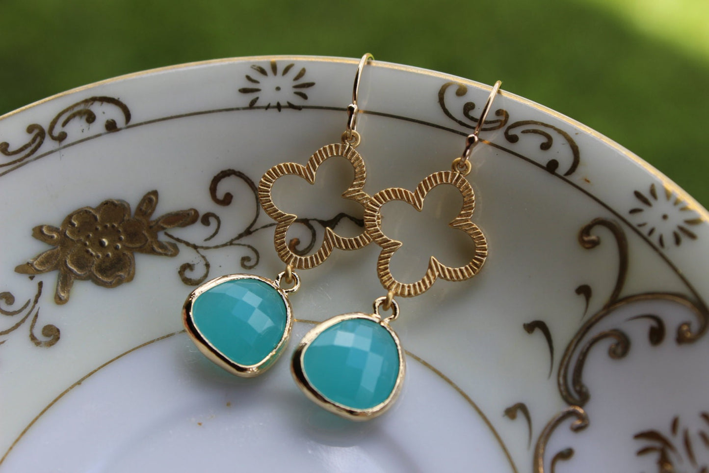 Mint Aqua Blue Earrings Gold Clover Quatrefoil Blue Earrings - Bridesmaid Earrings - Wedding Earrings - Bridal Earrings