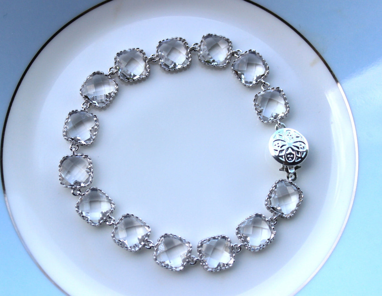 Crystal Bracelet Clear Silver Plated Glass - Bridesmaid Bracelet - Bridal Bracelet - Bridesmaid Jewelry - Crystal Wedding Jewelry