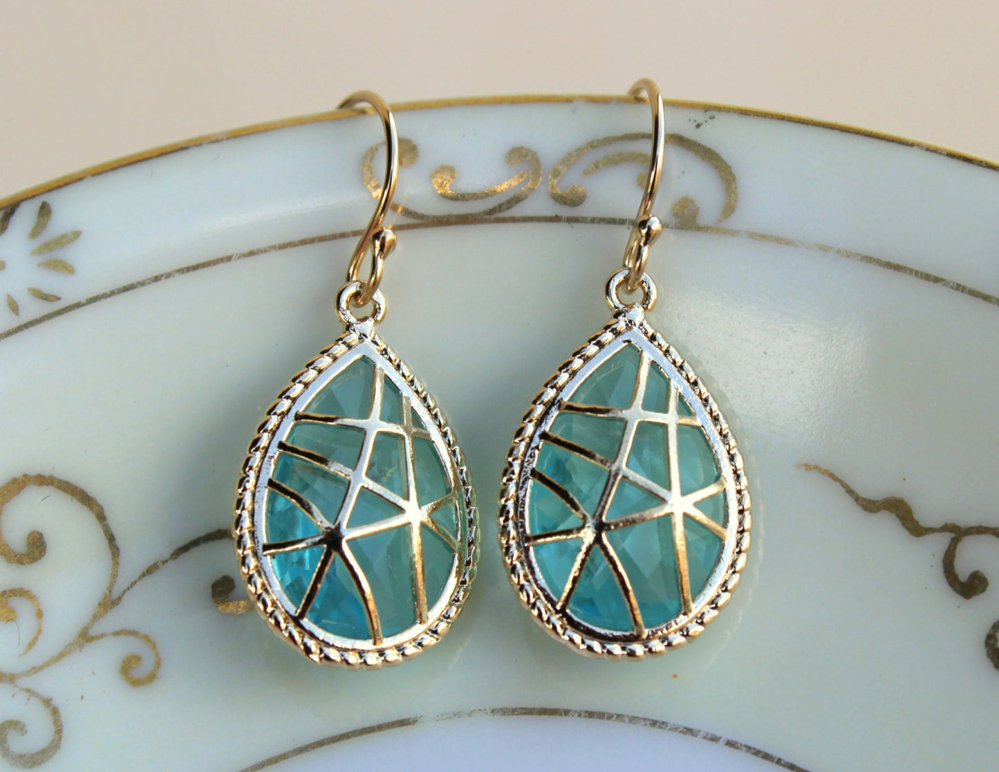 Aquamarine Earrings Blue Gold Teardrop Twisted Design Aqua Bridesmaid Earrings Wedding Earrings Aquamarine Wedding Jewelry Bridesmaid
