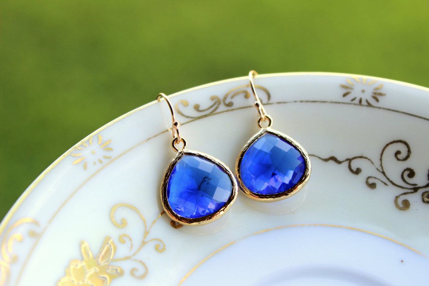 Large Blue Cobalt Earrings Gold Pendant - Cobalt Blue Wedding Earrings - Bridal Earrings - Bridesmaid Earrings - Bridesmaid Jewelry Wedding