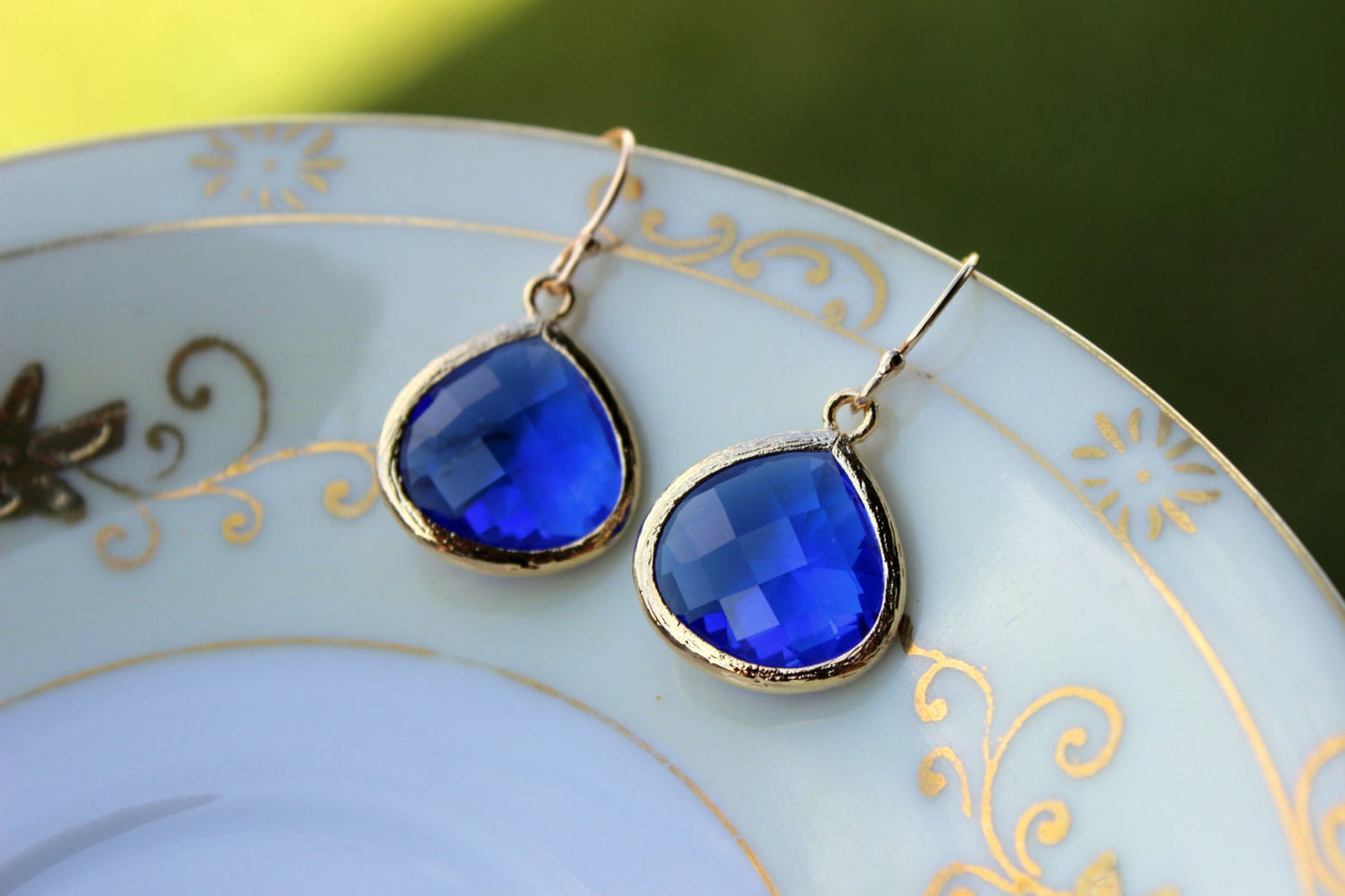Large Blue Cobalt Earrings Gold Pendant - Cobalt Blue Wedding Earrings - Bridal Earrings - Bridesmaid Earrings - Bridesmaid Jewelry Wedding