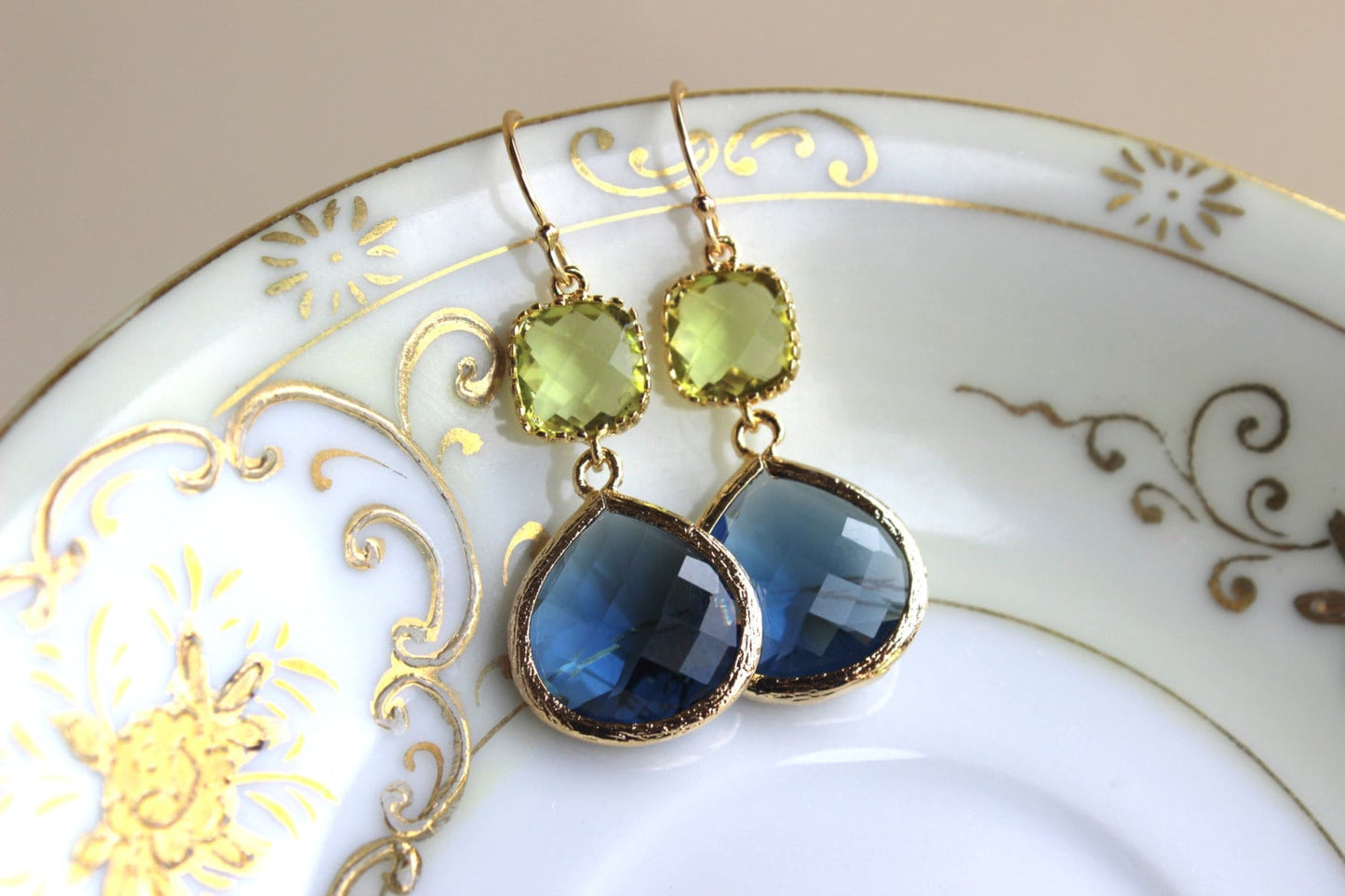Large Sapphire Navy Earrings Gold Peridot Apple Green Two Tier - Peridot Navy Bridesmaid Jewelry - Sapphire Wedding Jewelry Christmas Gift