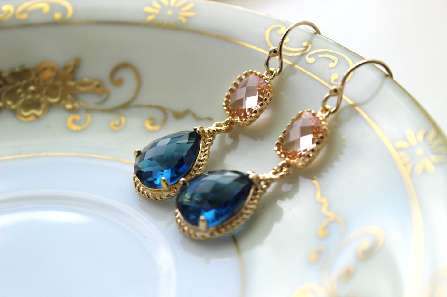 Gold Blush Jewelry Champagne Earrings Sapphire Earrings Navy Blue Earrings Peach Jewelry Bridesmaid Earrings Wedding Bridesmaid Jewelry