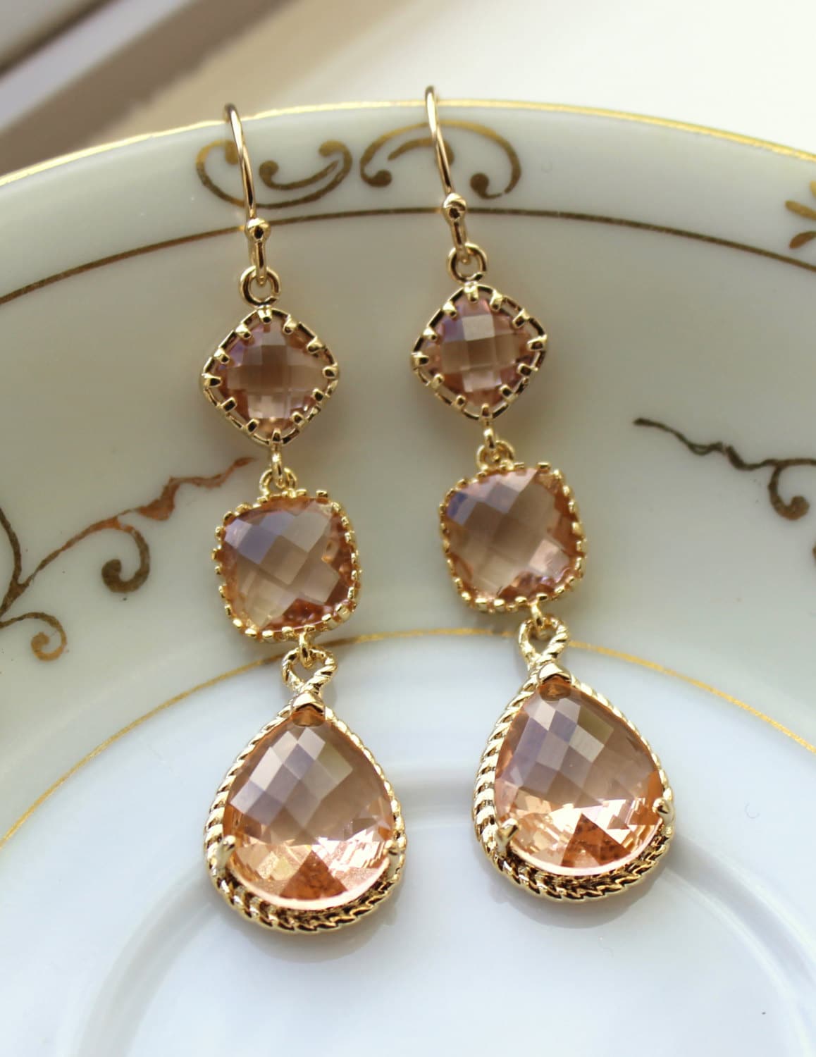 Champagne Blush Earrings Gold Three Tier Peach Blush Bridesmaid Earrings - Peach Wedding Jewelry Champagne Bridal Earrings - Christmas Gift