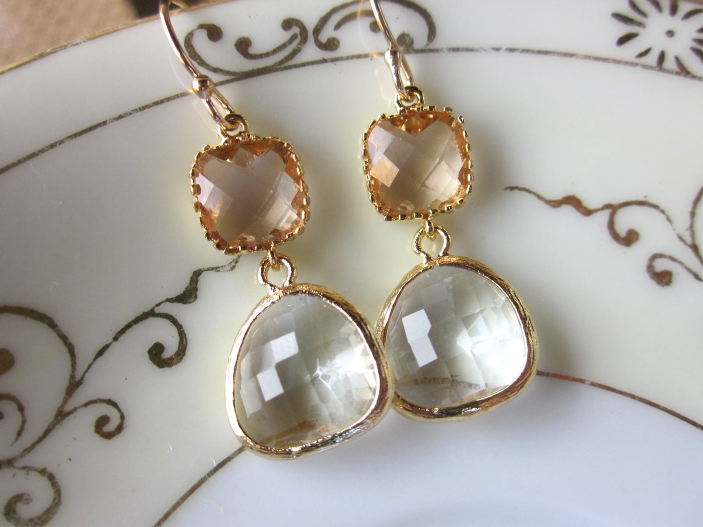 Champagne Peach Crystal Earrings - Wedding Earrings - Champagne Wedding Jewelry - Bridesmaid Gift - Pink Blush Bridesmaid Jewelry