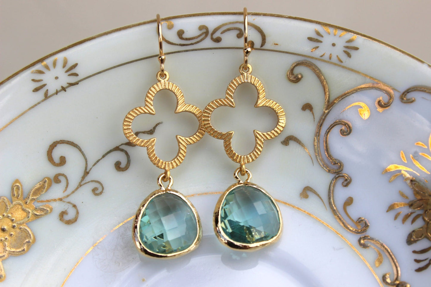 Prasiolite Earrings Green Gold Clover Quatrefoil Earrings - Bridesmaid Earrings Jewelry Bridal Earrings - Wedding Earrings