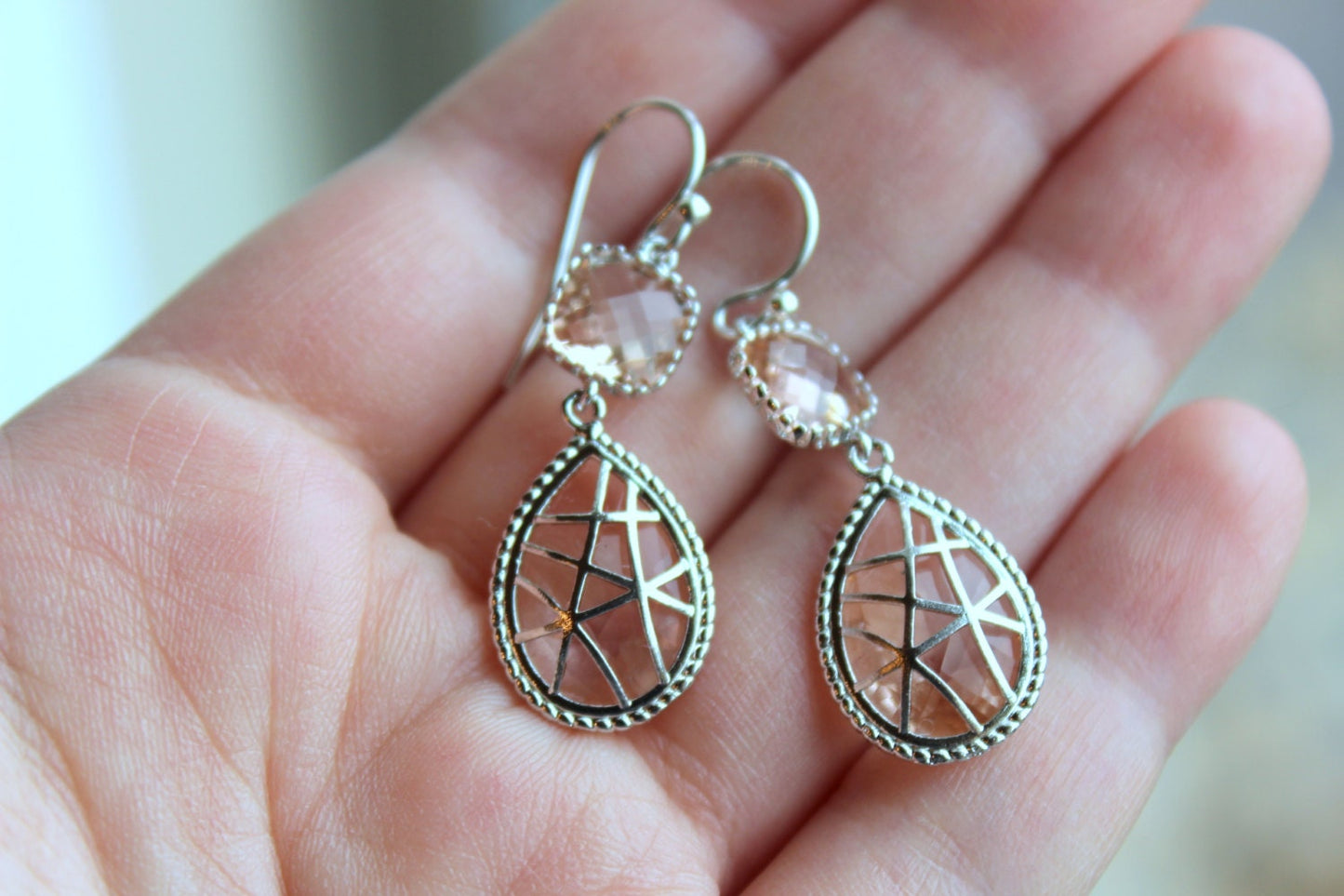 Champagne Peach Earrings Blush Pink Silver Two Tier Twisted Design - Bridesmaid Jewelry - Blush Bridesmaid Earrings Wedding Jewelry Earrings